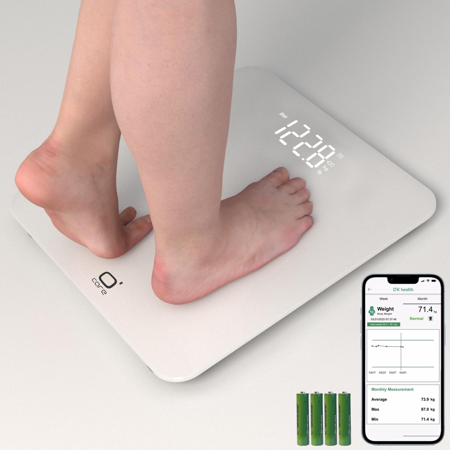 O'CARE Smart Scale for Body Weight and BMI Weighing,High Accuracy Digital Bathroom Scale with LED Large Display,Smart APP Sync Weight Scale 440lb (White)