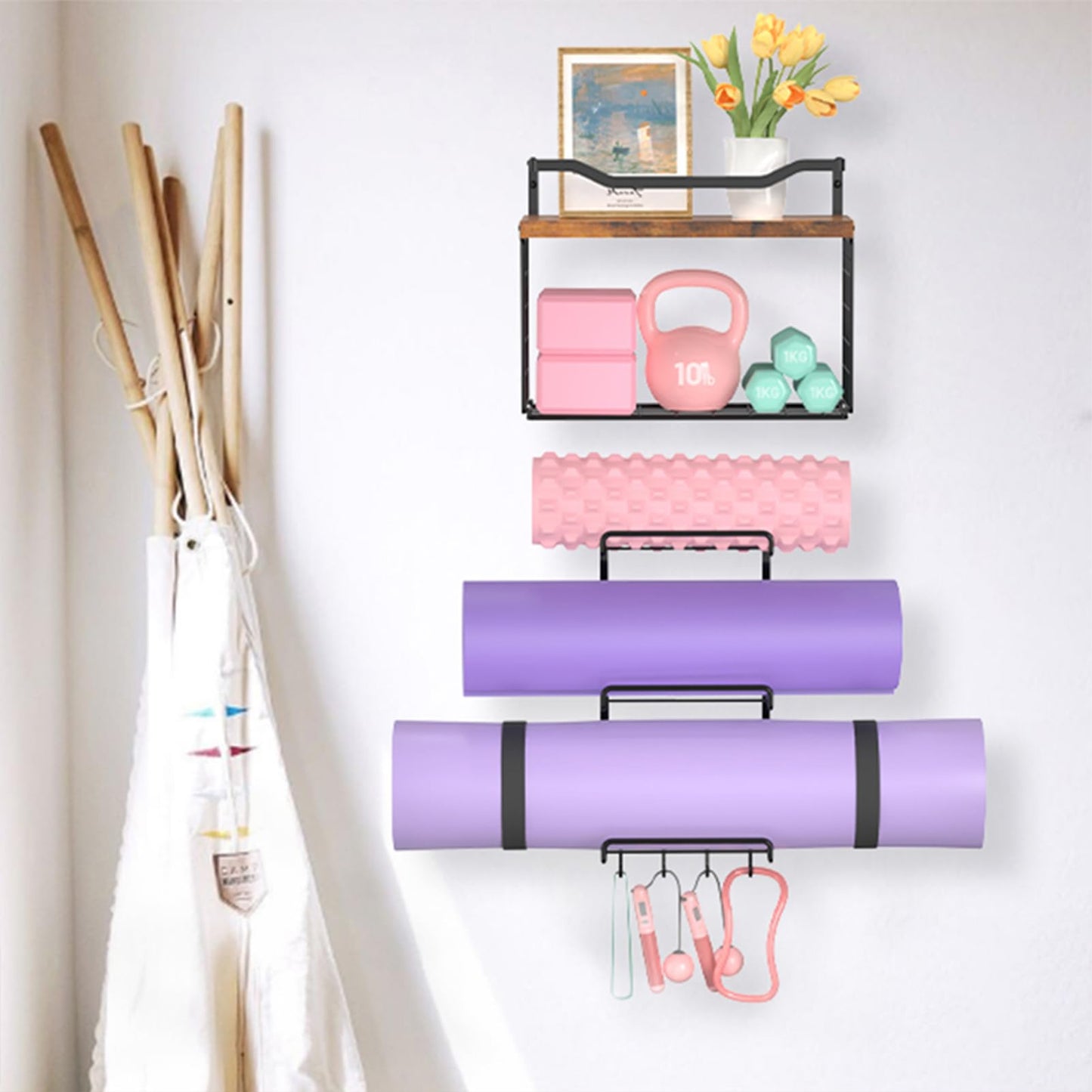 LIDTOP 6-Tiers Yoga Mat Holder Wall Mount with Wood Floating Shelves, Yoga Mat Storage Rack Home Gym Accessories with Hooks for Hanging Stretching Strap & Resistance Bands, Yoga Room/Home Gym Decor