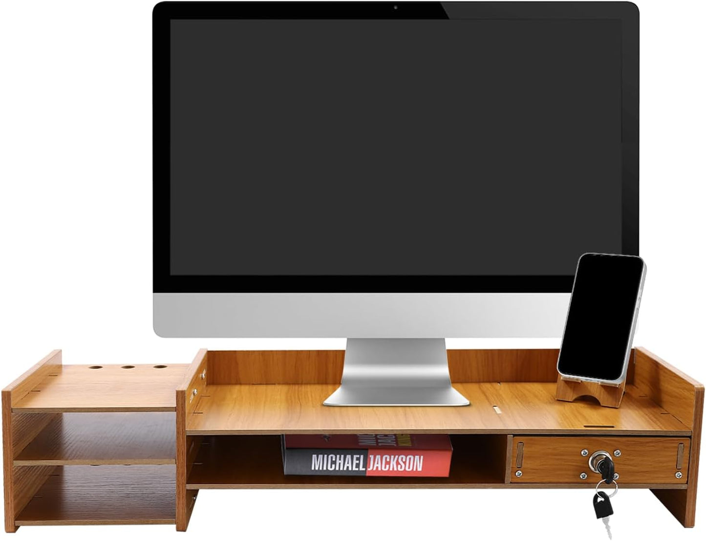 Computer Monitor Stand, Tabletop Computer Rack with Lockable Drawer, Wood Monitor Stand, Suitable for Study, Office