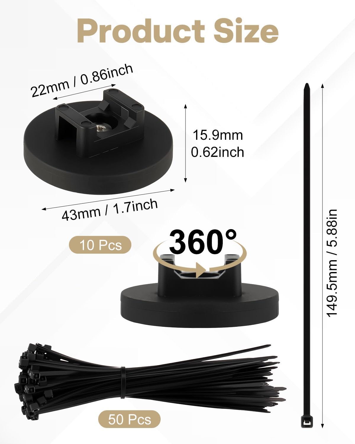 10 43mm 50 Magnetic Zip Tie Mount Wire Cable Holder, Include Pcs Magnetic Cable Zip Tie Base with Pcs Heavy Duty Zip