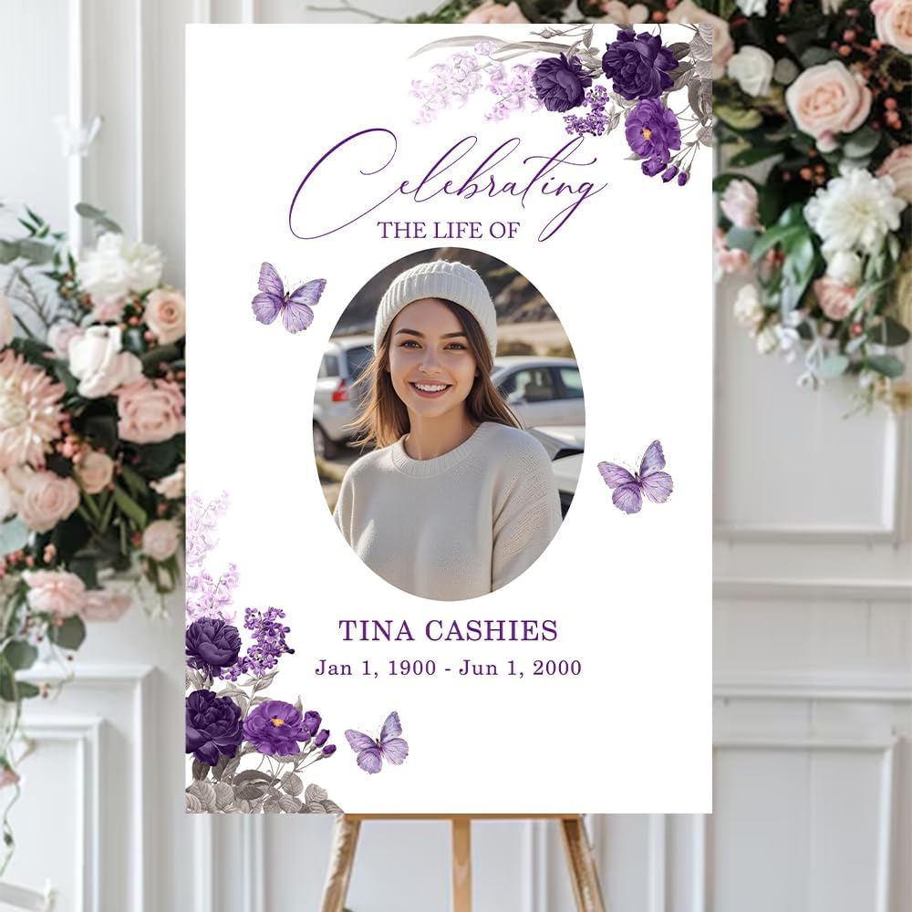 Regine Switzerland Personalized Funeral Welcome Signs - Custom Memorial Signs with Image | Purple Flower Butterfly Design