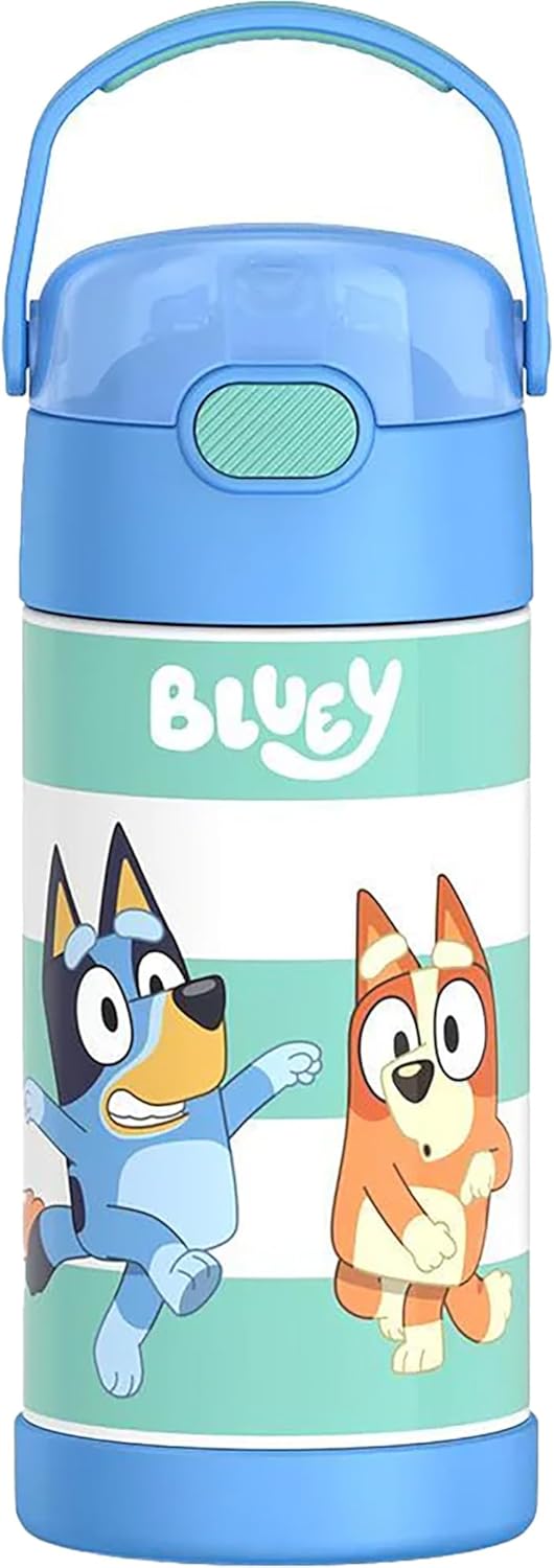 THERMOS FUNTAINER Water Bottle - 12 Ounce Kids Stainless Steel Vacuum Insulated with Straw - Bluey Design