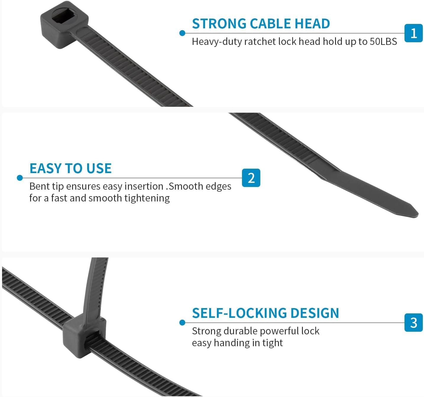 1000 8 Inch, 60 LBS PA66 XINGO PCS Black Zip Ties Tensile Strength, Self-Locking Nylon Plastic Nylon Wire Ties