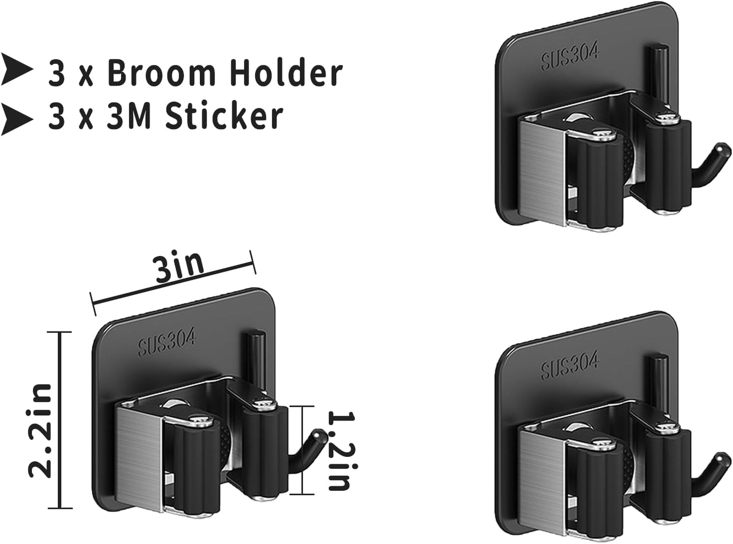 Skiennix Broom Holder Wall Mount - 3-Piece Garden Tool Organizer | Durable 304 Stainless Steel (Black)