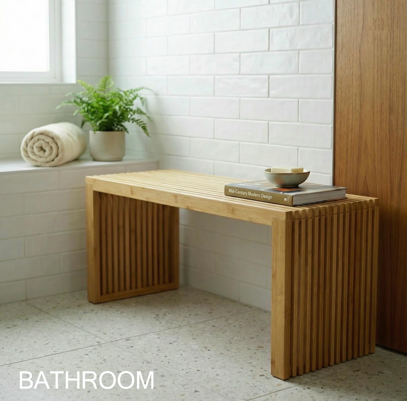 Bamboo Natural 36 inch Wooden Bench, Small Wood Benches for Entryway, Living & Dining Room, Kitchen, Bedroom, Bathroom, Hallway, Front Door, For Indoor & Outdoor Patio Use, Mid Century Modern Decor