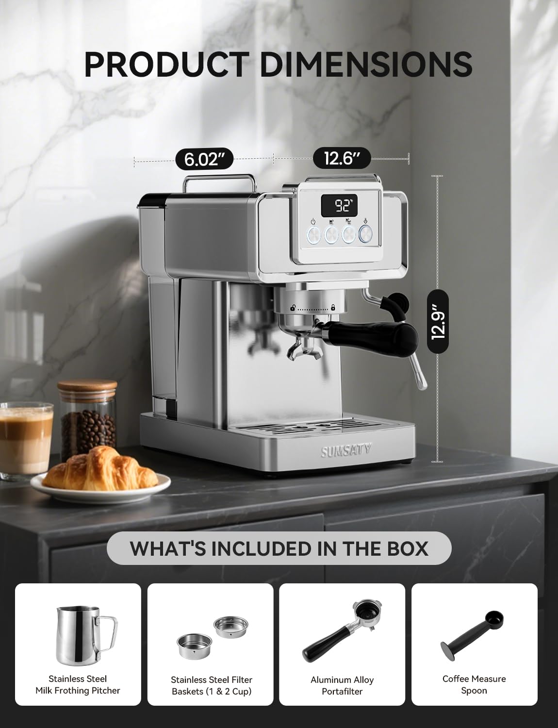 SUMSATY Espresso Machine 20 Bar, Stainless Steel Espresso Maker Professiona Coffee Maker with Power Steam & LED Display for Home Barista, Americano, Latte, Cappuccino Maker, 1.8L Water Tank