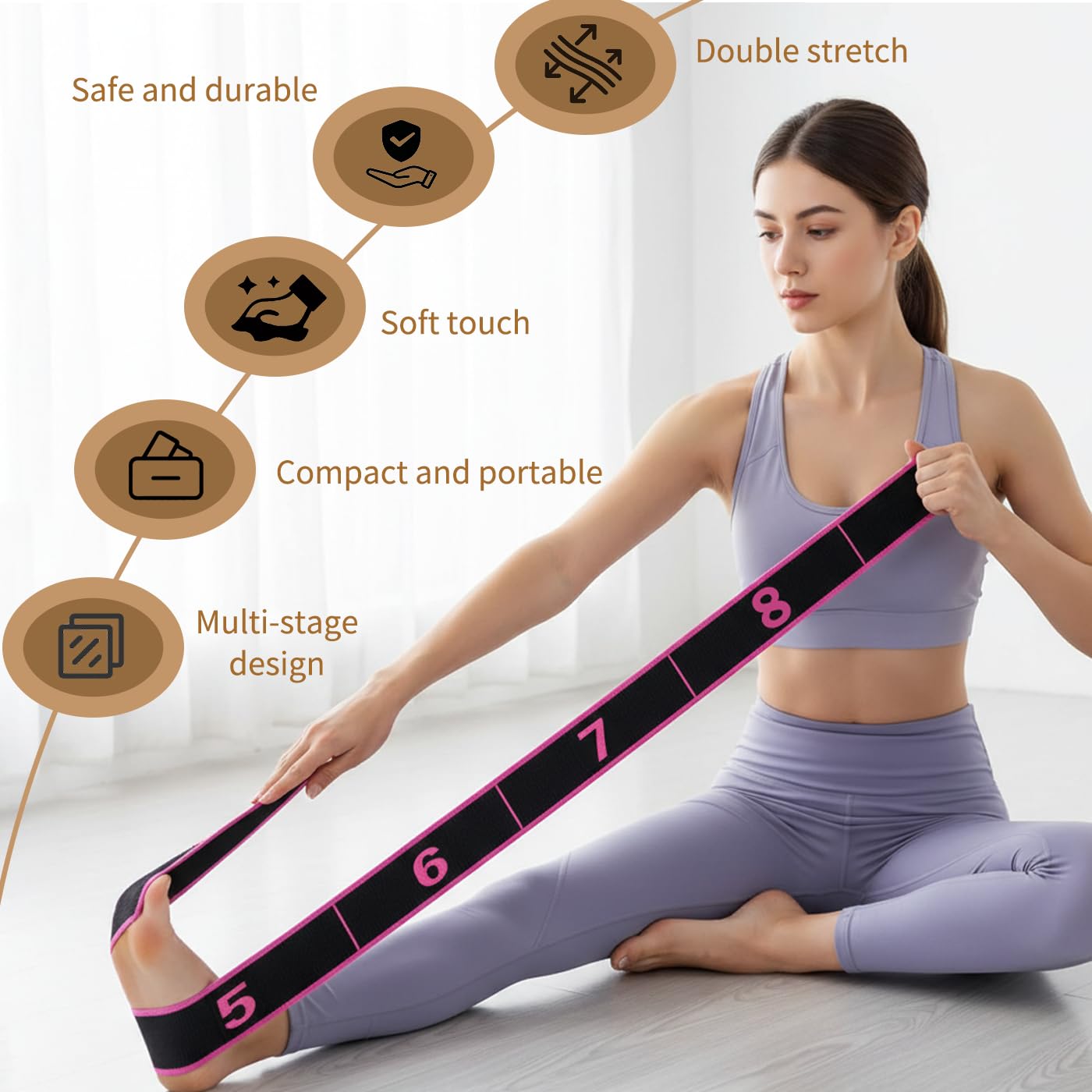 Fitness Resistance Band, 8-Section Elastic Training Bands, Numbered Stretch Band for Yoga, Stretching, Pilates, Fitness