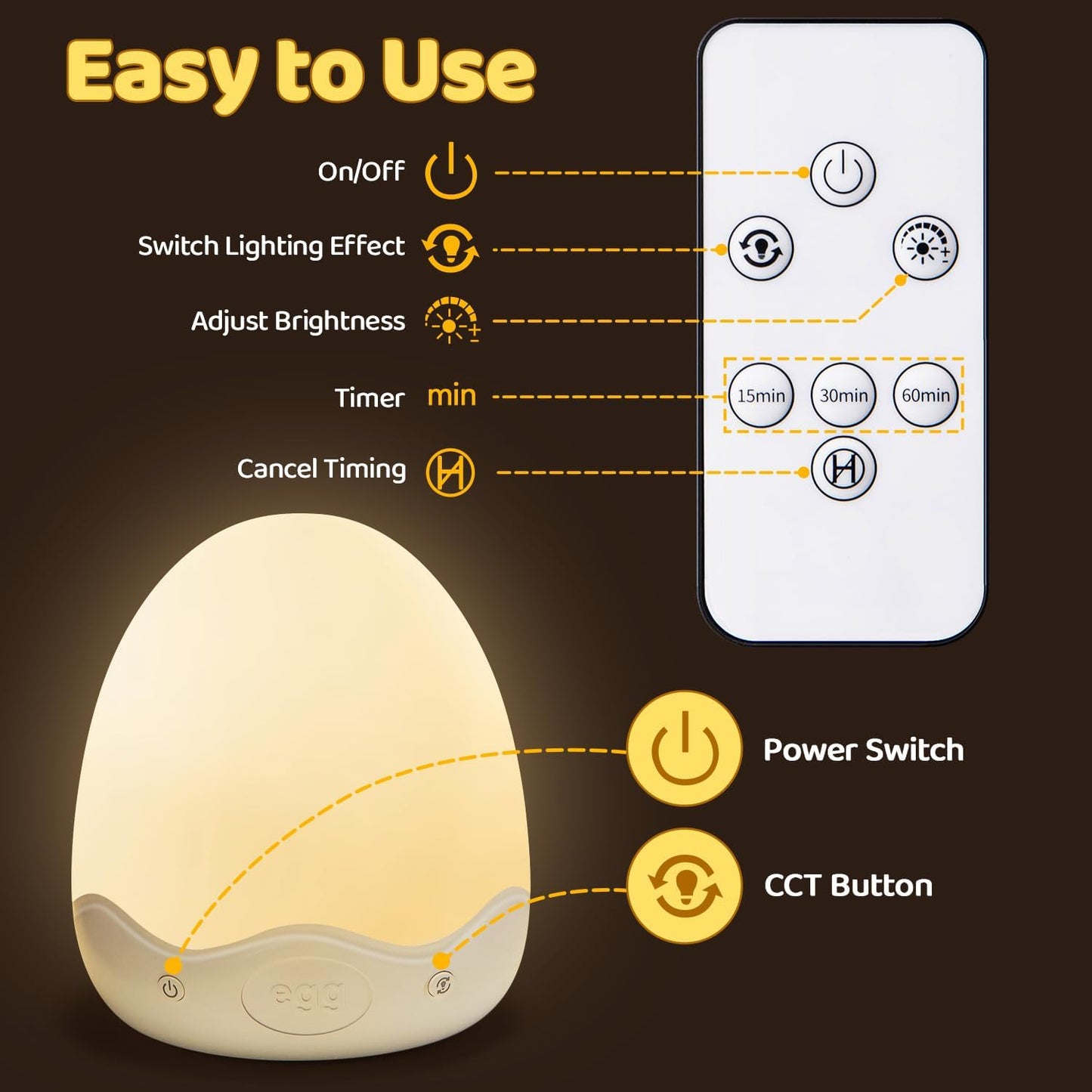 Skiennix Baby Night Light - 10 Brightness Levels & 10 Color Options | Touch & Remote Control, 3600mAh Rechargeable, Portable for Nursery & Breastfeeding