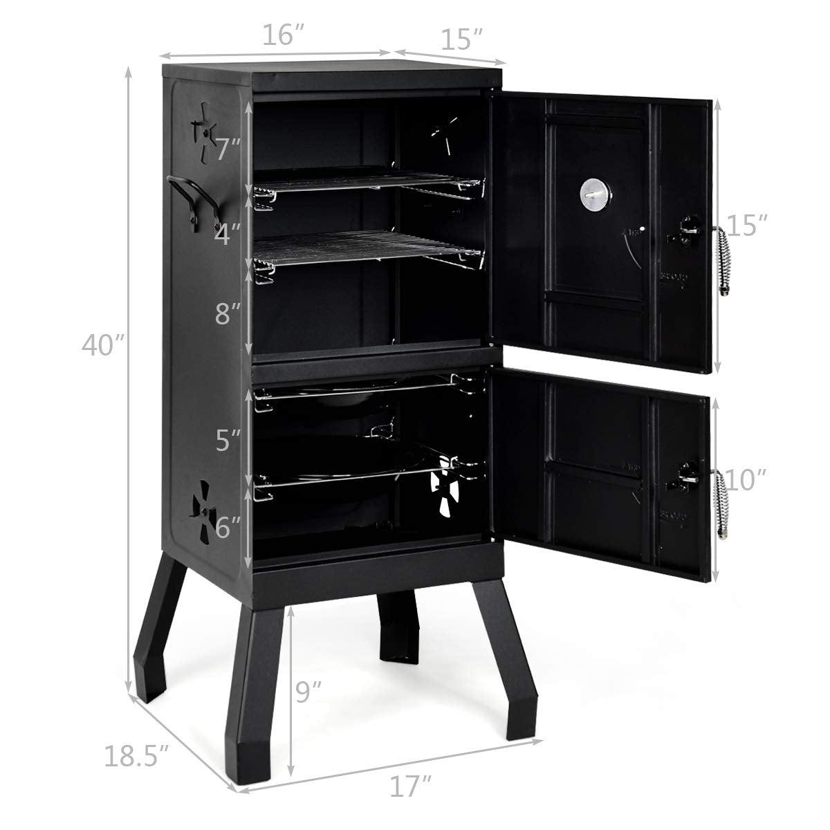 DORTALA Vertical Charcoal Smoker, Outdoors Charcoal Barbeque, Smoked Carbon Oven, Iron Structure, w/Two Chrome-plated Nets, Two Charcoal Pots, Suitable for Lawn Picnic, Backyard BBQ (Black)