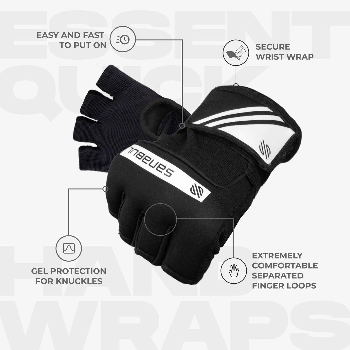 Sanabul Gel Boxing Hand Wraps for Men & Women Muay Thai MMA Kickboxing Quick Wraps Boxing Inner Gloves Wrist Knuckle Protection, Black/White, L/XL