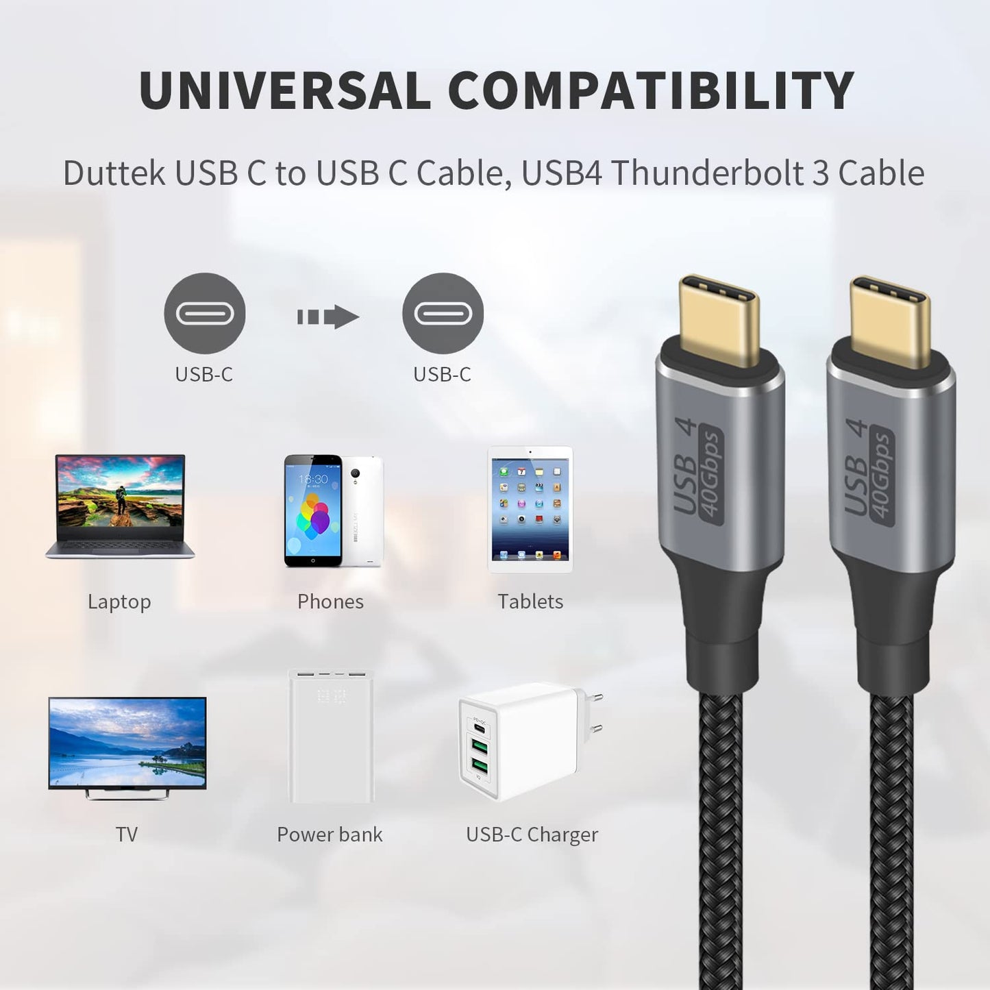 40Gbps 1.6FT/50cm, 100W 8K@60Hz 15, Duttek Short USB C to USB C Cable, Supports PD, Video, Nylon Braided, for iPhone