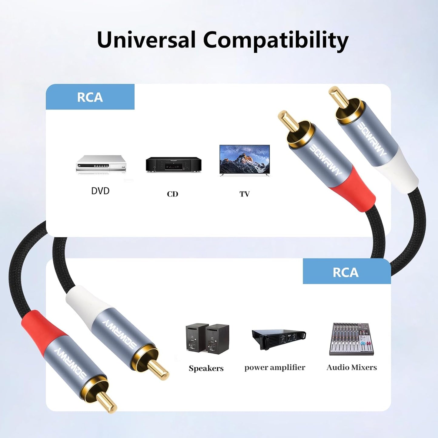 10FT 2RCA 2RCA 2-Pack RCA Cables, to Audio Cable with Gold-Plated Connectors, Dual Shielded Against Noise (Hum), Nylon