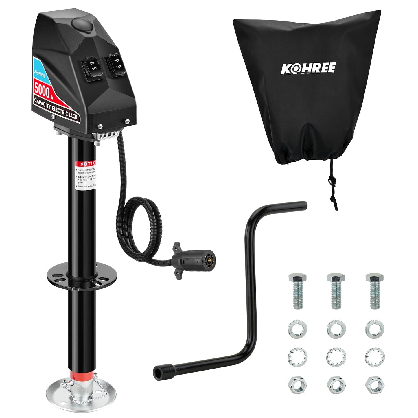 Kohree Electric Trailer Jack 5000 lbs with 7-Way Connector, Heavy Duty RV Electric Tongue Jack for Travel Trailer A-Frame Camper, with Manual Crank Handle & Weatherproof Jack Cover, 22" Lift, 12V DC