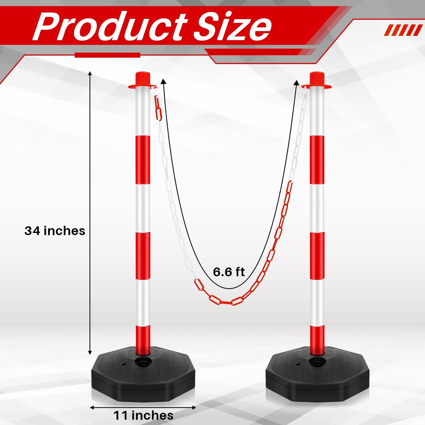 Konohan 6 Pack 34 Inch Parking Cone Delineators Post Traffic Cone Plastic Stanchion Set Stands Parking Barrier with Base 6.6 ft Chain S Hooks Reflective Collar (Red,White)