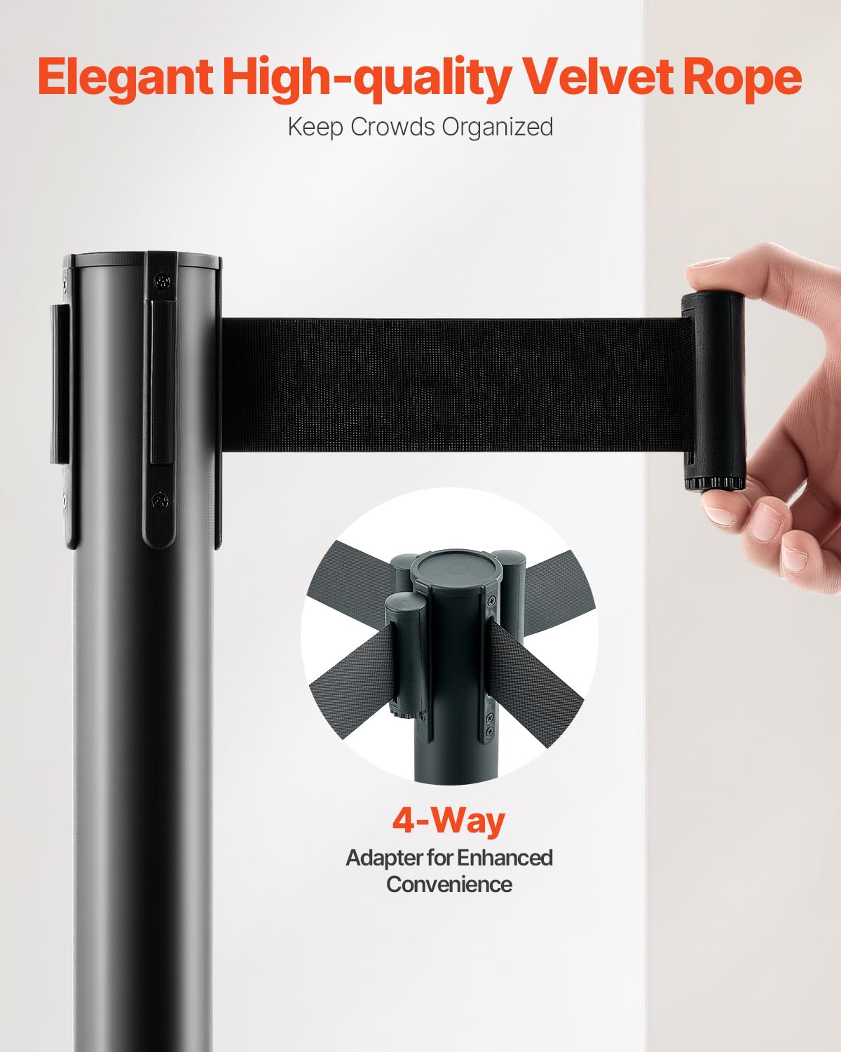 VEVOR Stanchion Post, 4 Pcs Stanchions with Retractable Belts, Carbon Steel Black Stanchions Queue with Sand Injection Hollow Base, Crowd Control Barriers for Theaters, Parties, Weddings, Exhibitions