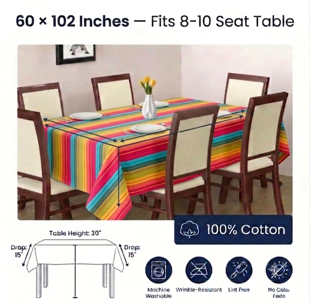 Urban Villa Table Cloth Kitchen Dining Tabletop Cover 100% Cotton 60x84 Inches Rectangle Tablecloth Washable Reusable Ideal for Hotel Restaurant Farmhouse Wedding Holiday Dinner Parties - Red Multi