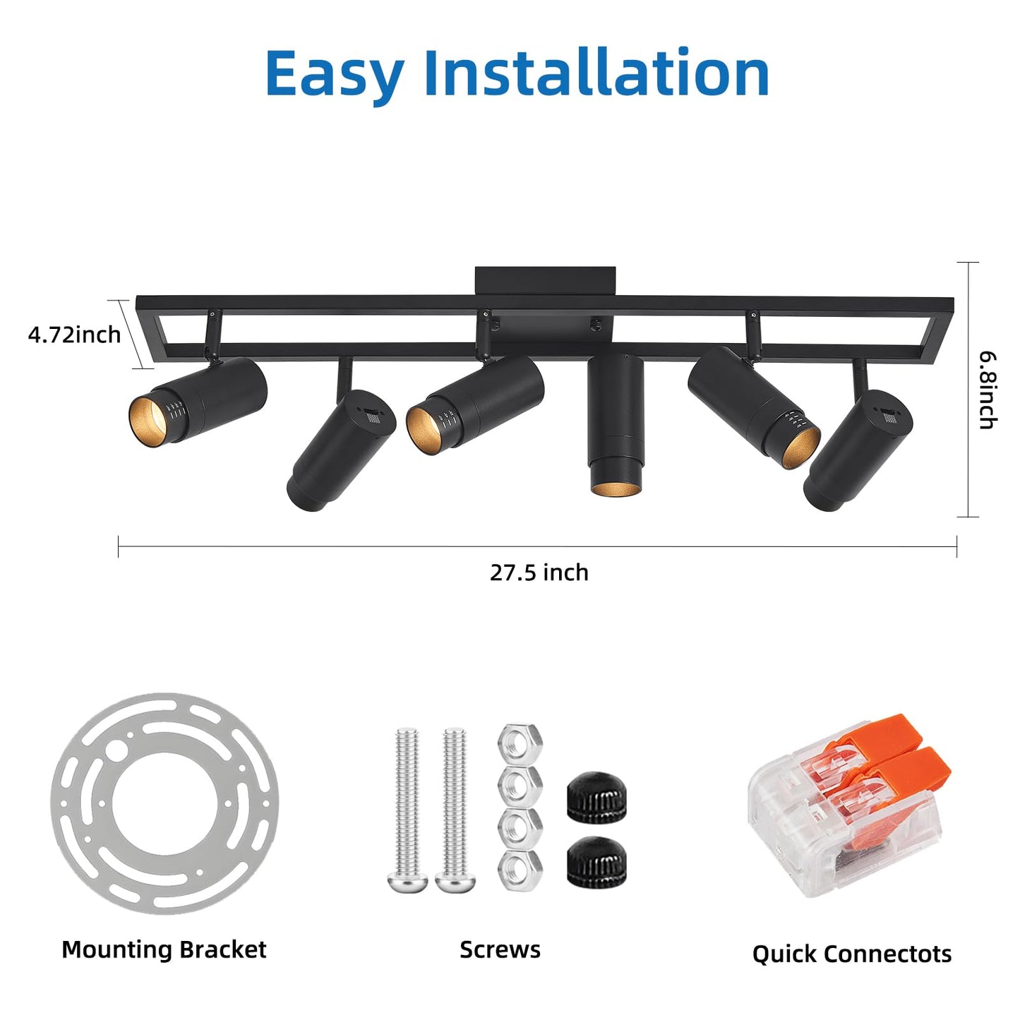 AIBISOD Zoomable 5-Color LED Track Lighting Kit, 6-Light Dimmable Ceiling Spotlights, 15°-60° Black Modern Track Light Fixture with Flexible Rotatable Heads for Kitchen, Living Room, Bedroom