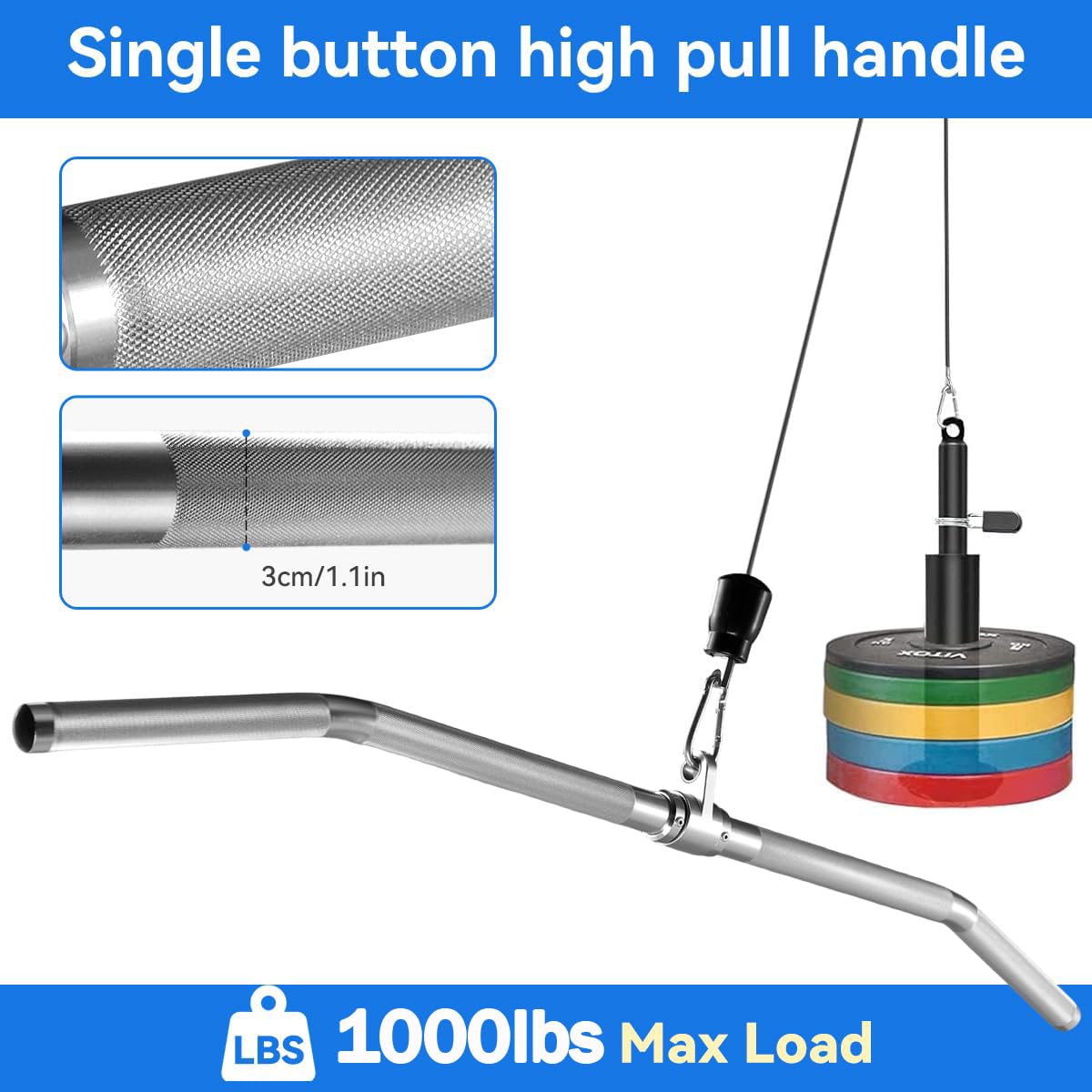Lat Pulldown Attachments, Straight Bar Cable Attachments, Lat Pull Down Bar, Curl Pulldown Bar, Sturdy & Lightweight Aluminum, Non-Slip Grip, Full Rotation, Max Load 1000LBS