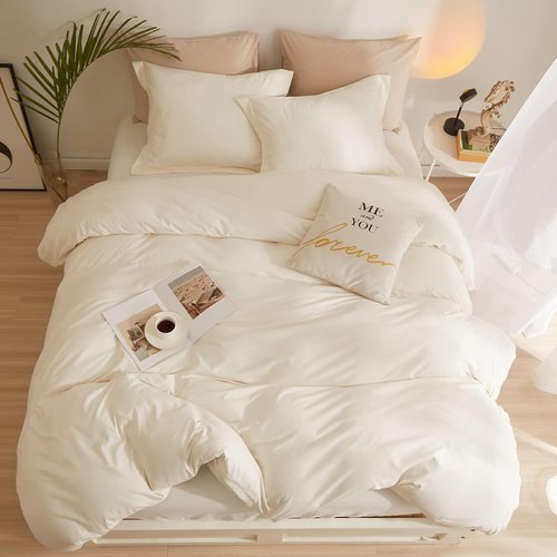 AMWAN Queen Size Soft Washed Microfiber Duvet Cover Set - Cream White with Zipper Closure, 90”x90” + 2 Pillowcases