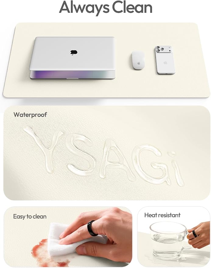 YSAGi Leather Desk Protector, Office Mat, Large Mouse Mat, Non-Slip PU Leather Blotter, Laptop Pad, Waterproof Writing Pad for Office and Home (Cream, 47" x 17")