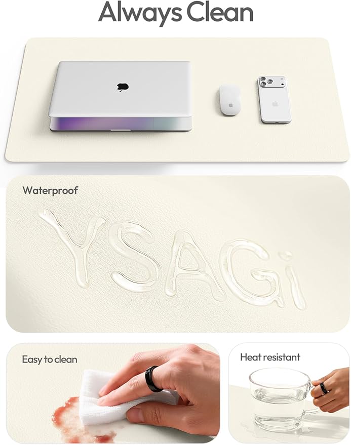 YSAGi Leather Desk Pad Protector, Office Desk Mat, Large Mouse Pad, Non-Slip PU Leather Desk Blotter, Laptop Desk Pad, Waterproof Desk Writing Pad for Office and Home (Cream, 23.6" x 13.8")