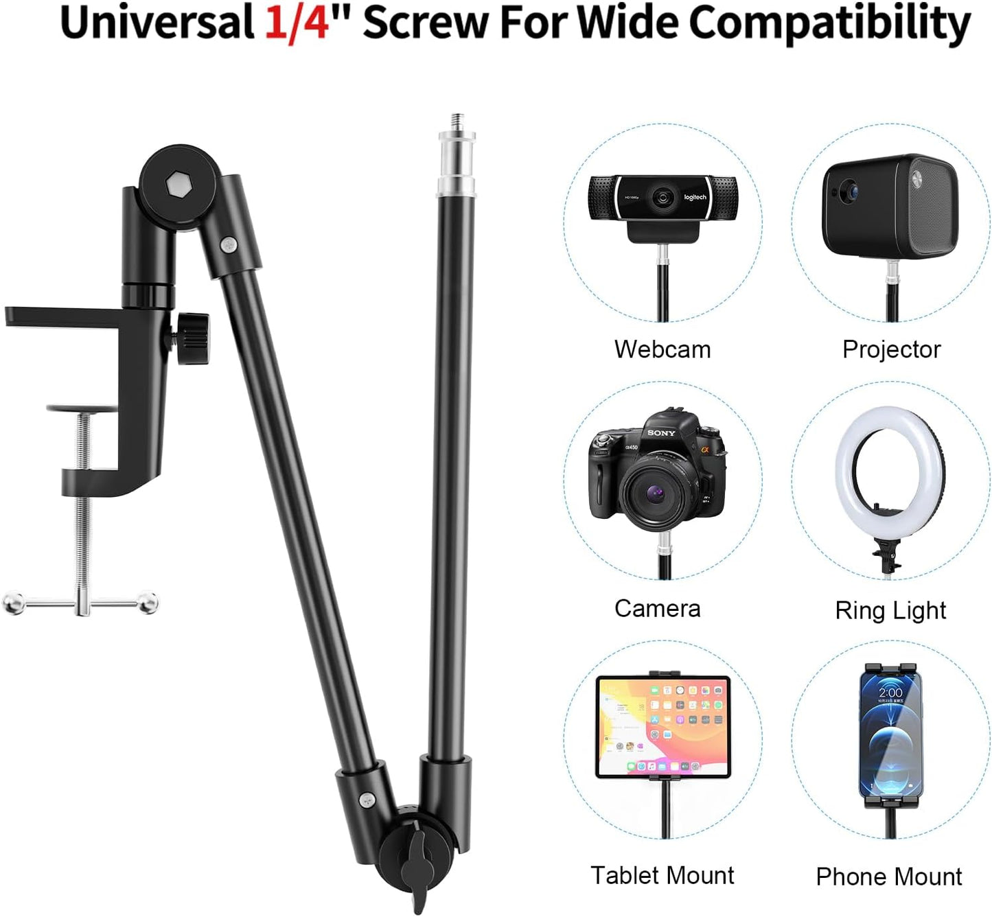 KDD 27in 4.7"-12.9" 12.9 Tablet Stand Holder, Adjustment iPad Phone Mount, Long Arm Webcam Stand Projector Camera Mount