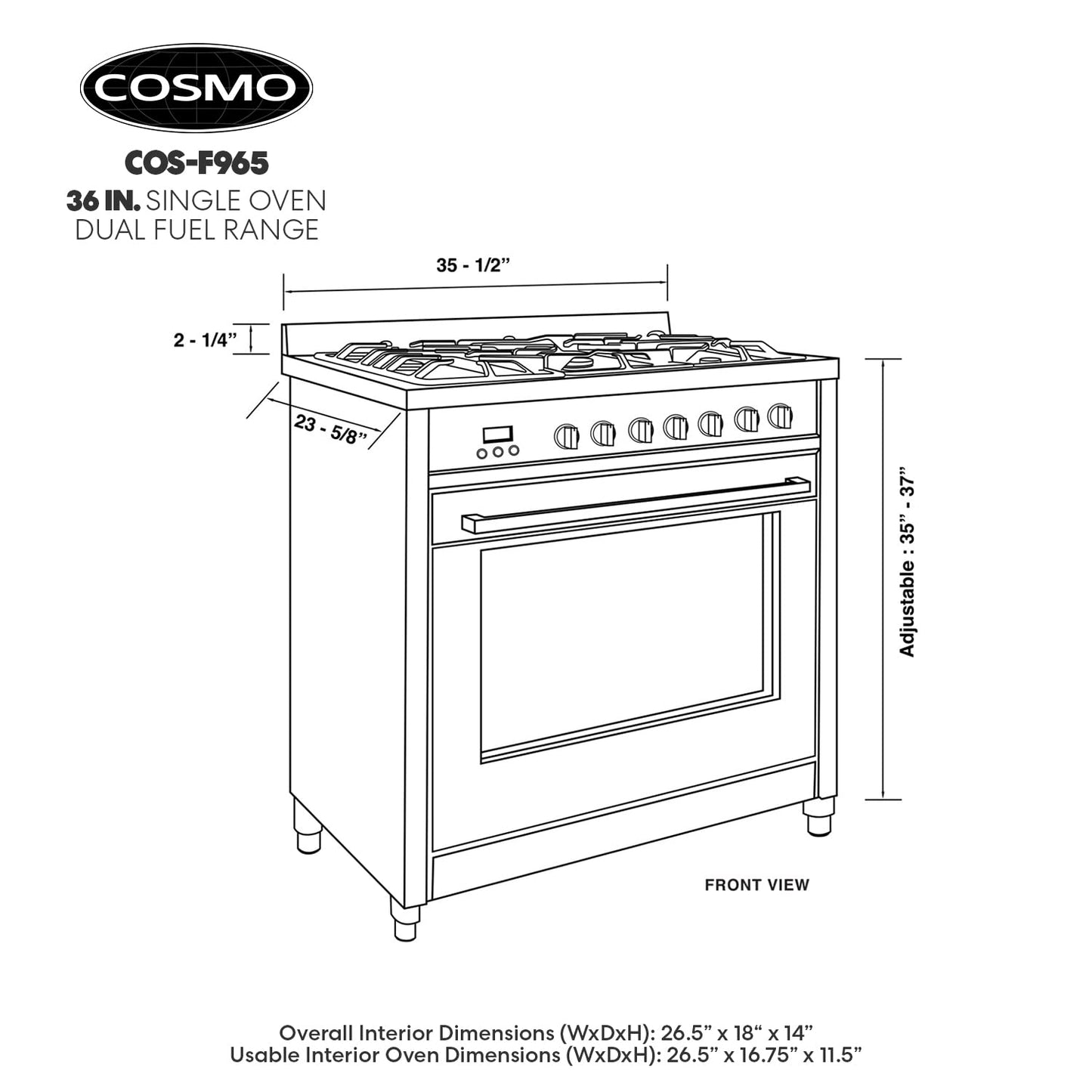 COSMO F965 36 in. Stellar Collection 4.4 cu. ft. Dual Fuel Range, 5 Sealed Burners, 8 Function Convection Oven in Stainless Steel