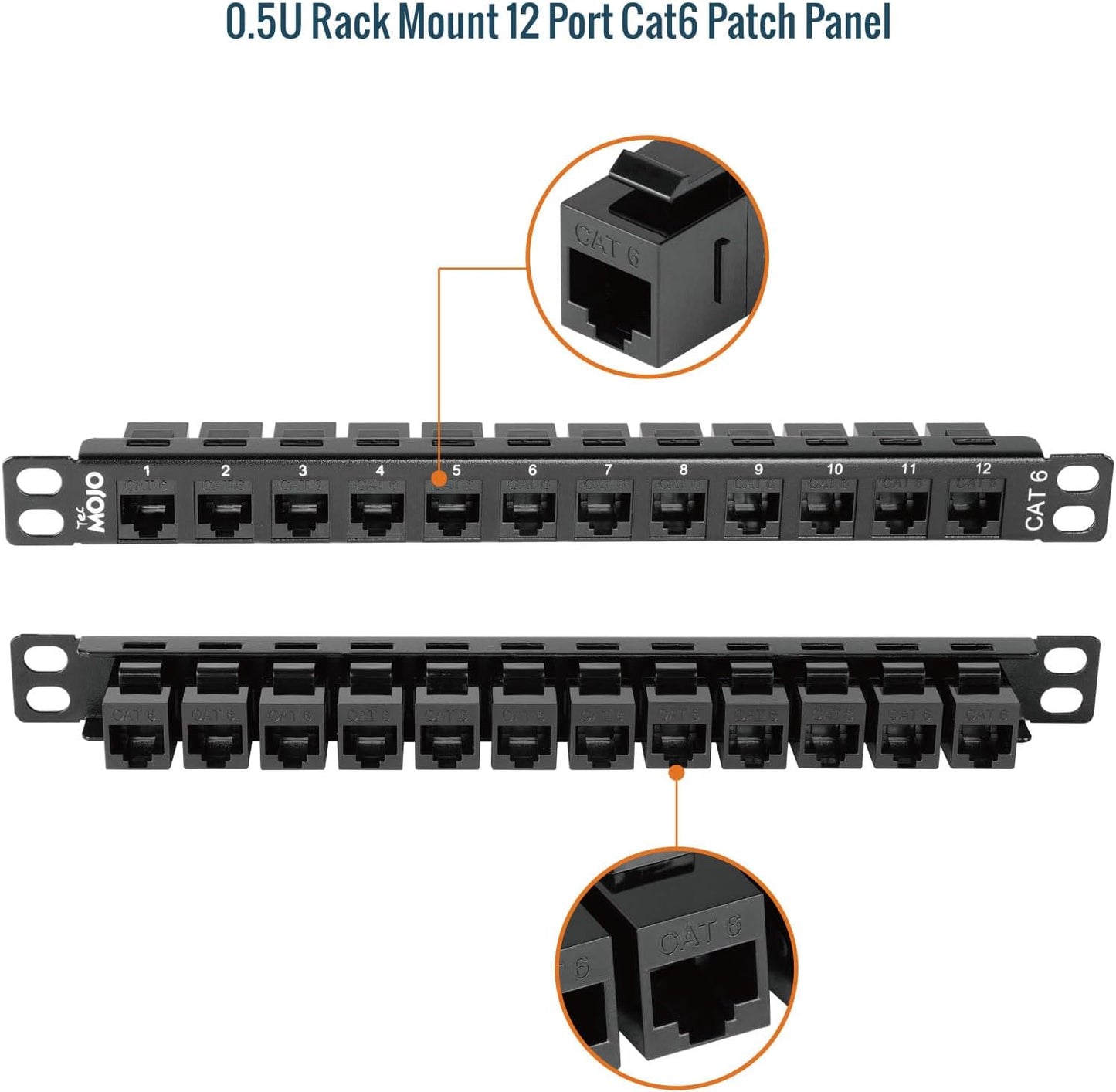 Tecmojo 12-Port Cat6 0.5U 10" Patch Panel, Rack Mount Modular Panel with Keystone Coupler, for Server Rack & Network