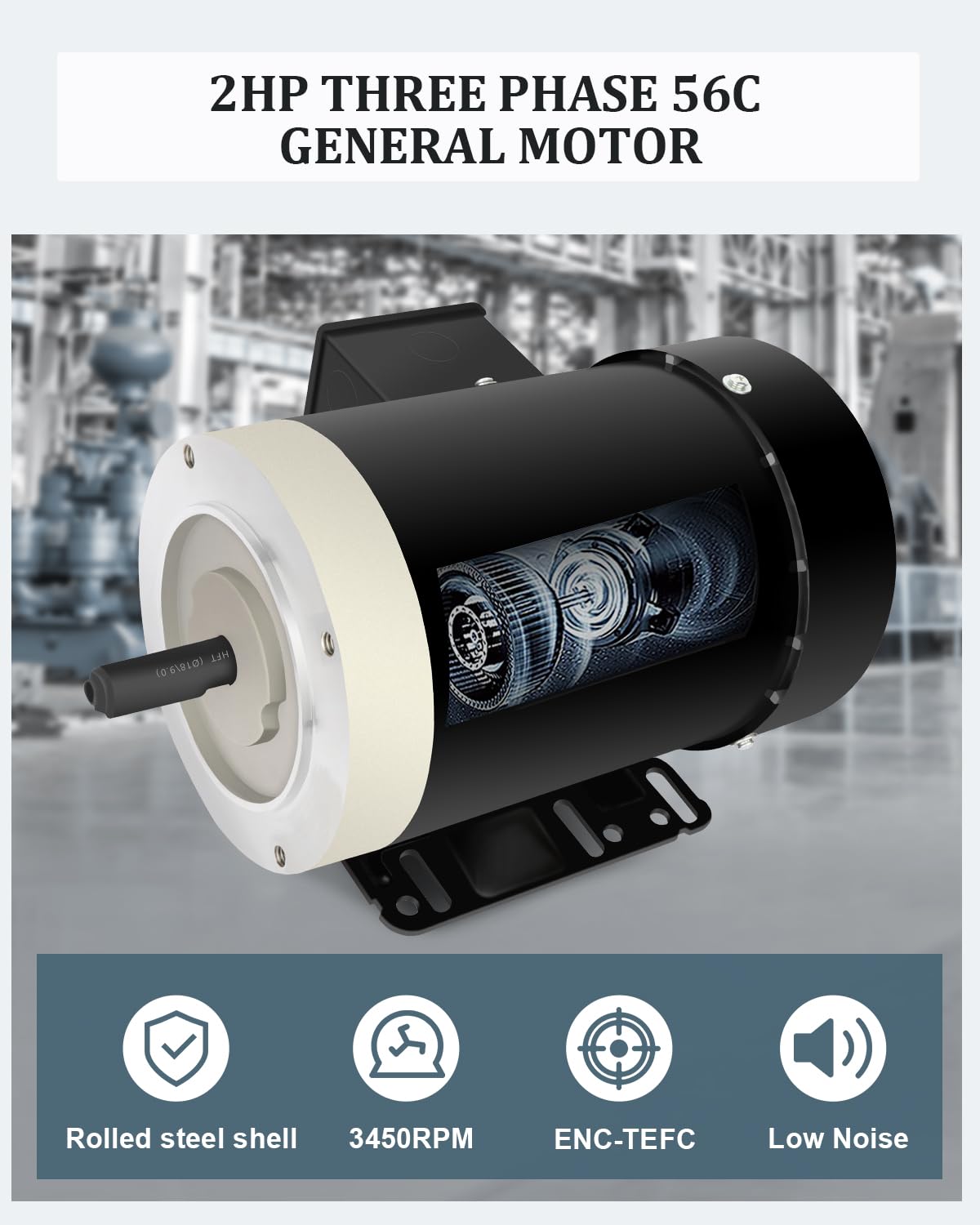 2HP Electric Motor, Air Compressor Motor, General Motor 3450 RPM, Three Phase Motor 56C Frame, 5/8"Shaft Diameter CW/CCW Rolled Steel Shell, 230V/460V TEFC