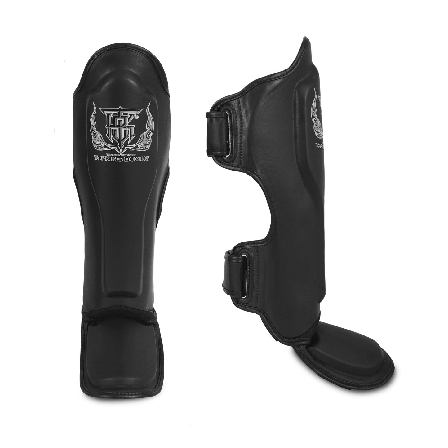 Top King New Pro Leather Shin Guards for Muay Thai (Black, Large)