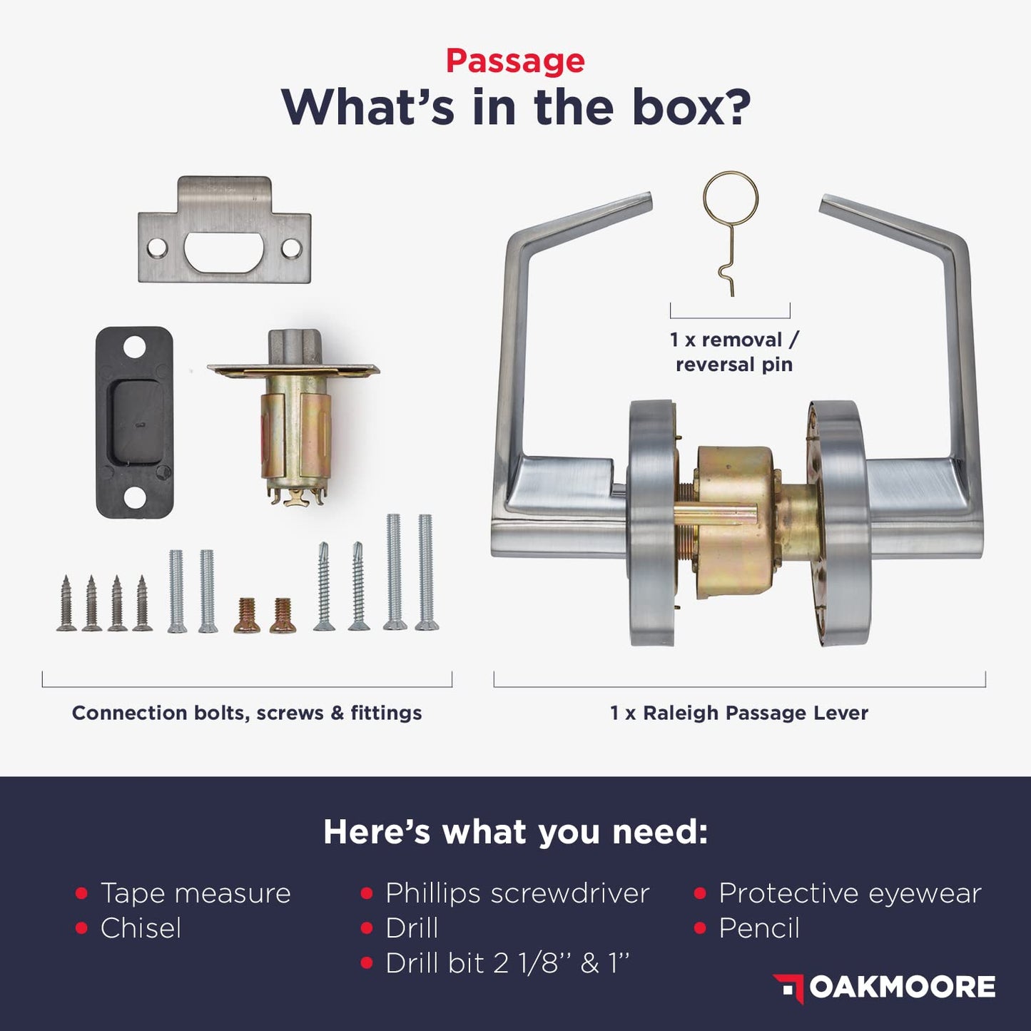 OAKMOORE Heavy Duty Commercial Door Handle | Passage Function | Grade 2 | No Lock/Key | for Meeting Rooms & Kitchens | Nickel Finish | C UL & ADA | ANSI A156.2