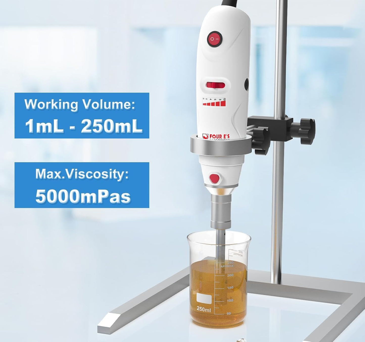 FOUR E'S SCIENTIFIC Lab Homogenizer 8000-30000rpm with Stand, High-Speed Handheld Homogenizer Emulsifier with a 10mm 316L Stainless Steel Probe 1mL-250mL