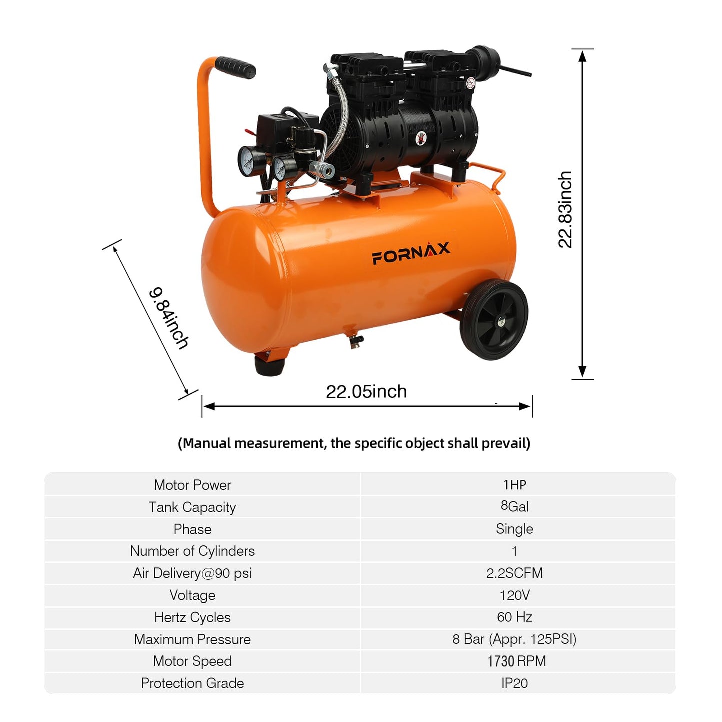 FORNAX 8 Gallon Air Compressor, 1HP 2.2 CFM, Max 125 PSI Oil-Free Air Compressor Tank, 70 dB Ultra Quiet Compressor for Nail Guns, Tire Inflation, and DIY Home Projects