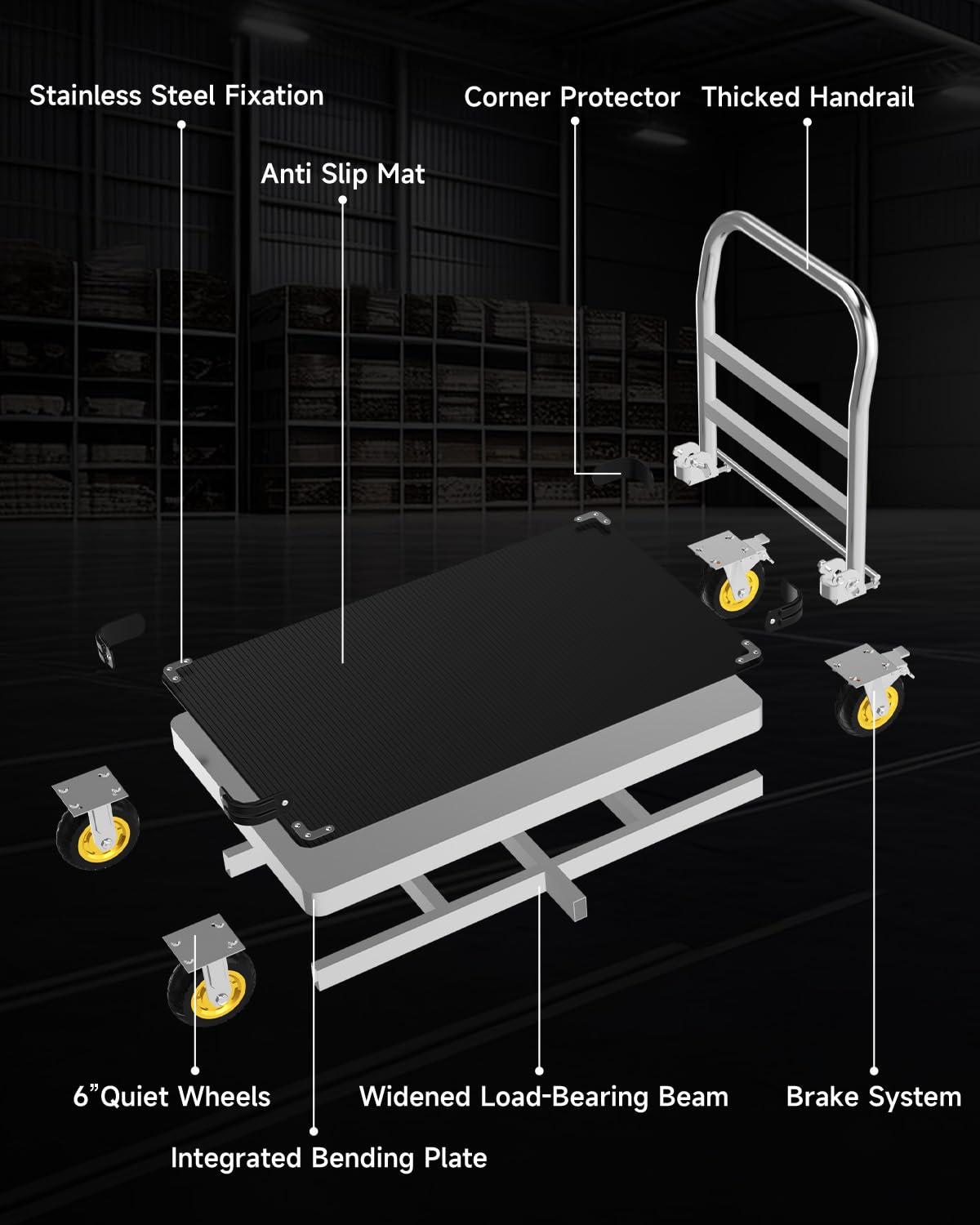 44"x28" Heavy Duty Platform Truck 2500LBS Capacity | 2mm Steel Deck + 3mm Anti-Slip Mat | Foldable Handles & Reinforced Chassis | Industrial Flat Dolly Cart for Warehouses, Factories, Garages