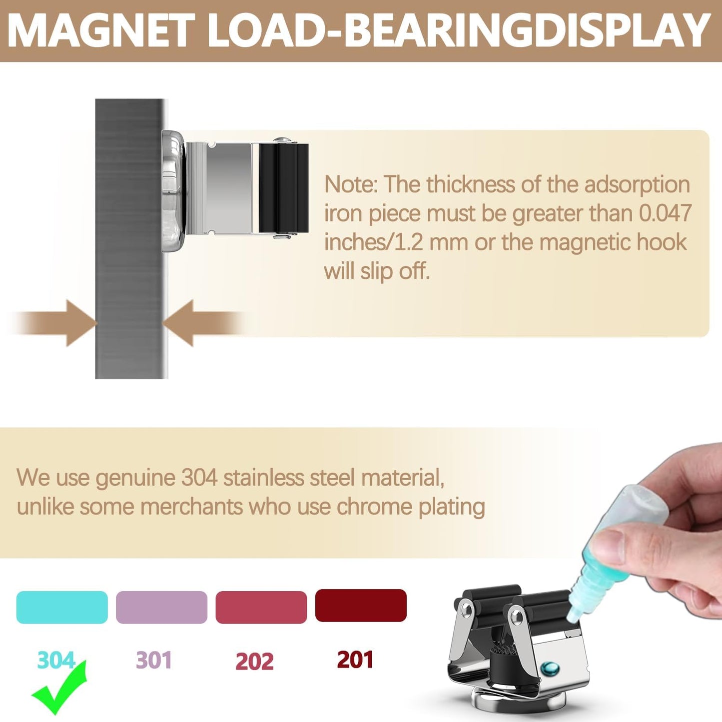 3-H Magnetic Broom Holder - 304 Stainless Steel Wall Mount Tool Organizer with Mini Hooks | Silver