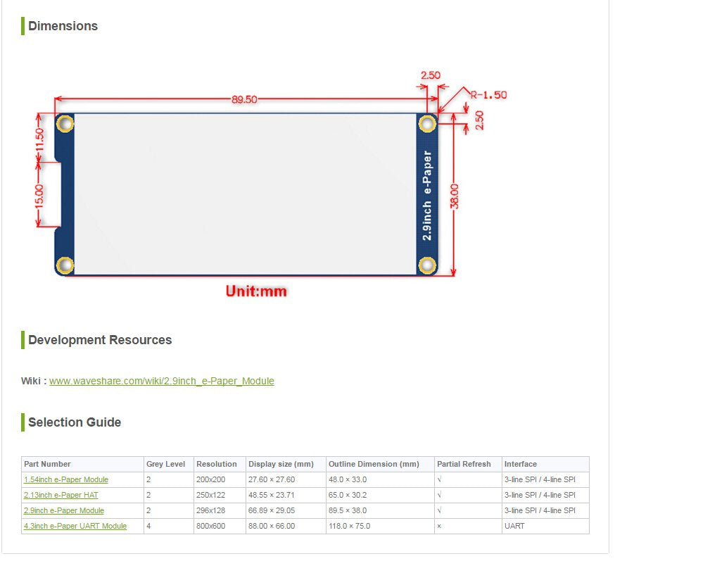 waveshare 296x128 2.9 Inch 3.3v Resolution E-Paper Display Panel Module E-Ink Electronic Screen SPI Interface