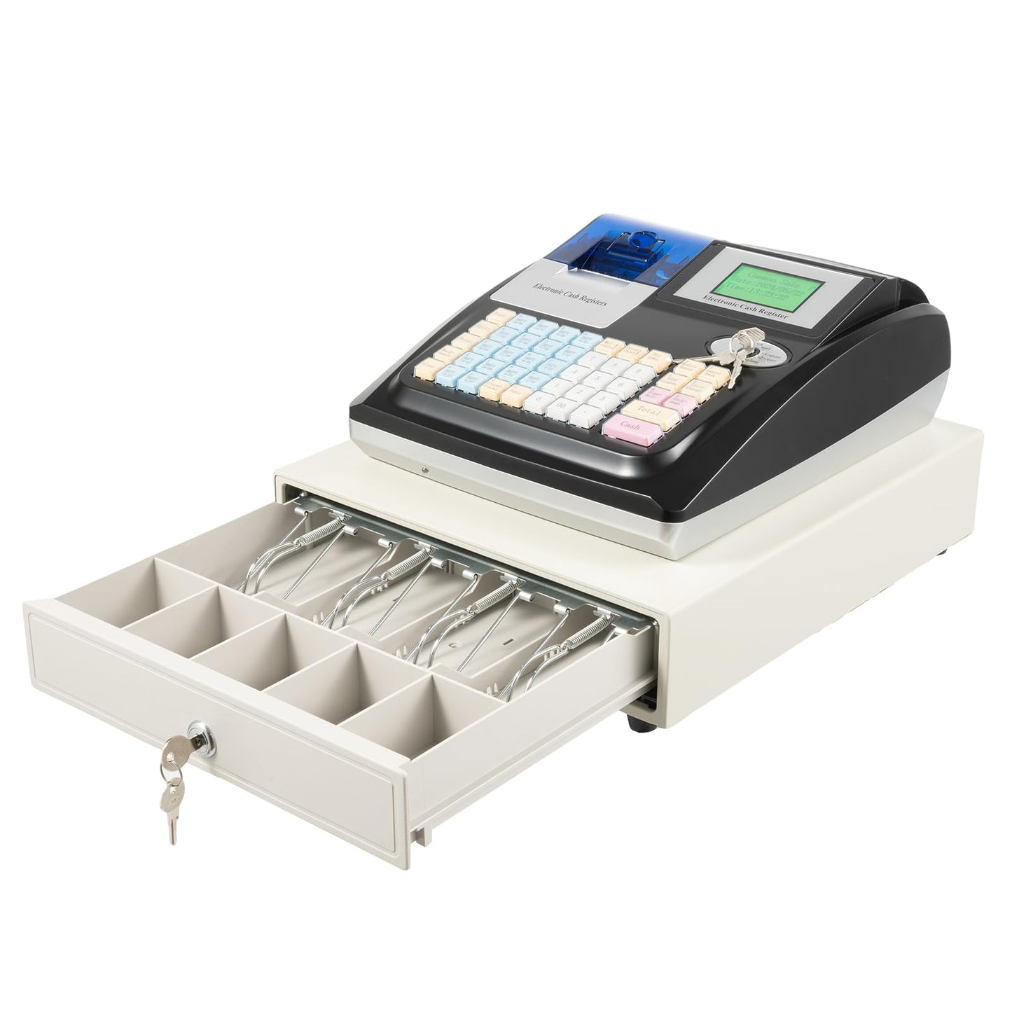 Electronic Cash Register Commercial Cash-Register with Thermal Print Head and 8-Digit LED Customer Screen 48 Keys Keyboard and Cash Drawer Register for Shops, Supermarkets, Restaurants (Black)