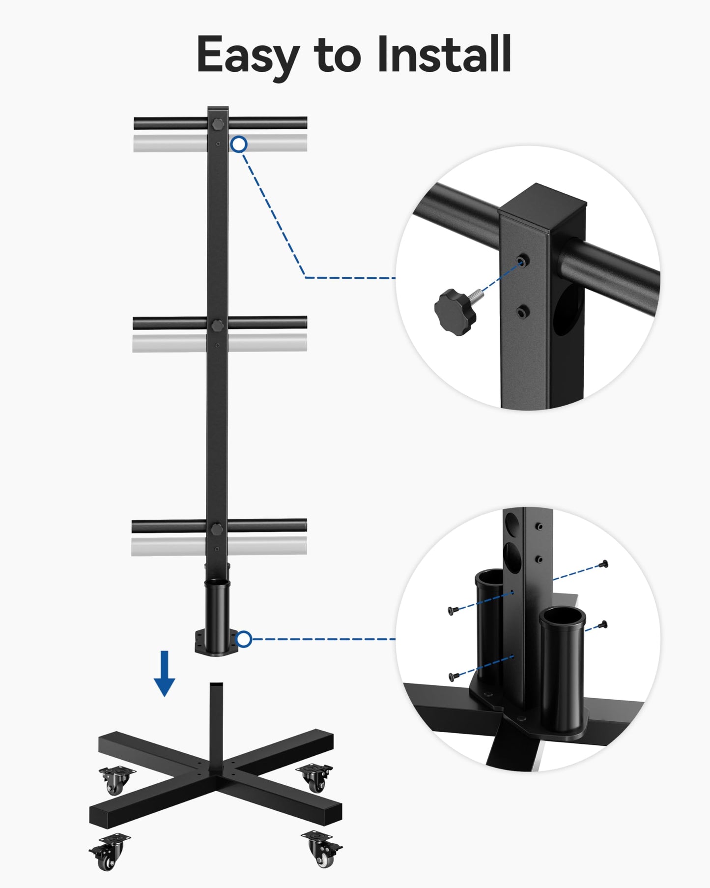 Movable Olympic Weight Plate Tree with 6 Metal Pegs, Fits 1" & 2" Weight Plates, Heavy Duty Storage Rack with Barbell Holders for Home & Garage Gym