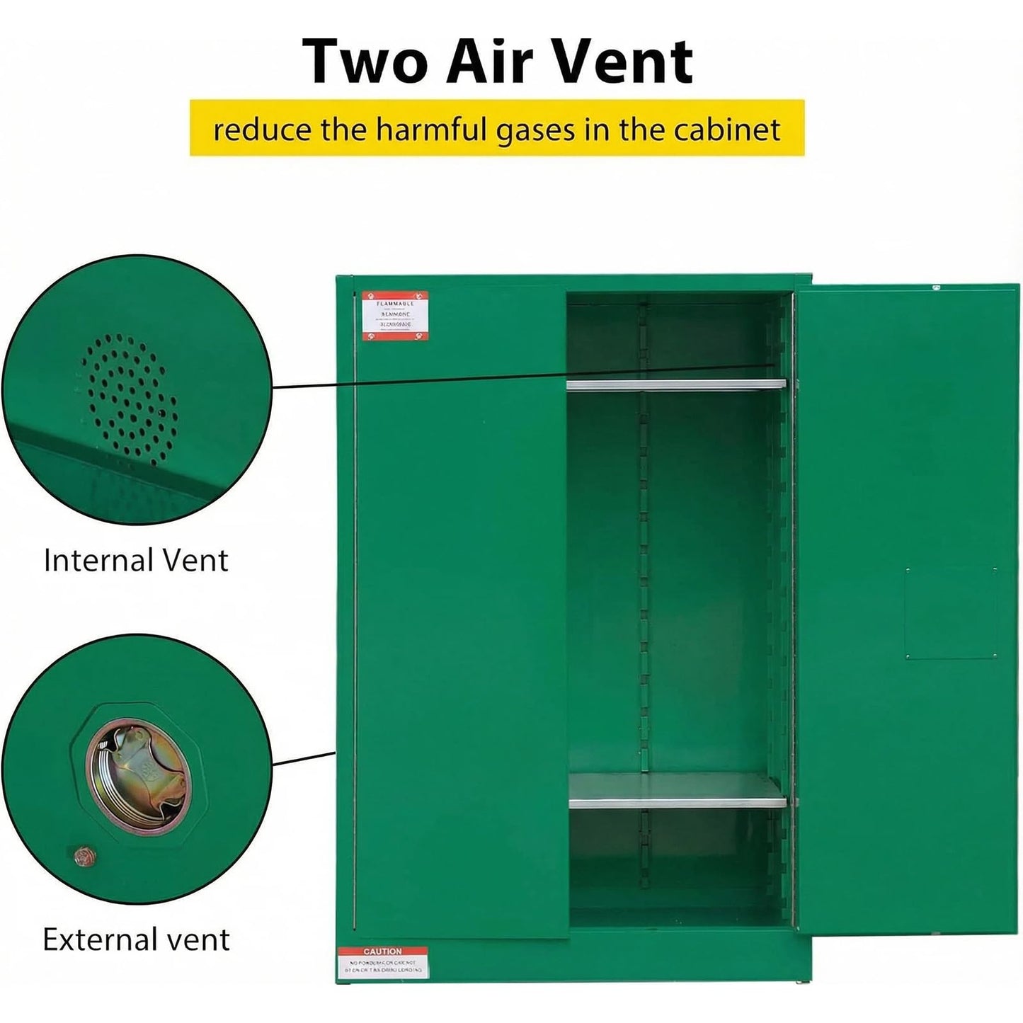45 Gallon Flammable Safety Cabinet, Industrial Yellow Steel Storage for Flammable Liquids, 2 Adjustable Shelves, Double-Wall Fireproof Cabinet with Manual Close Doors & Vents - Green