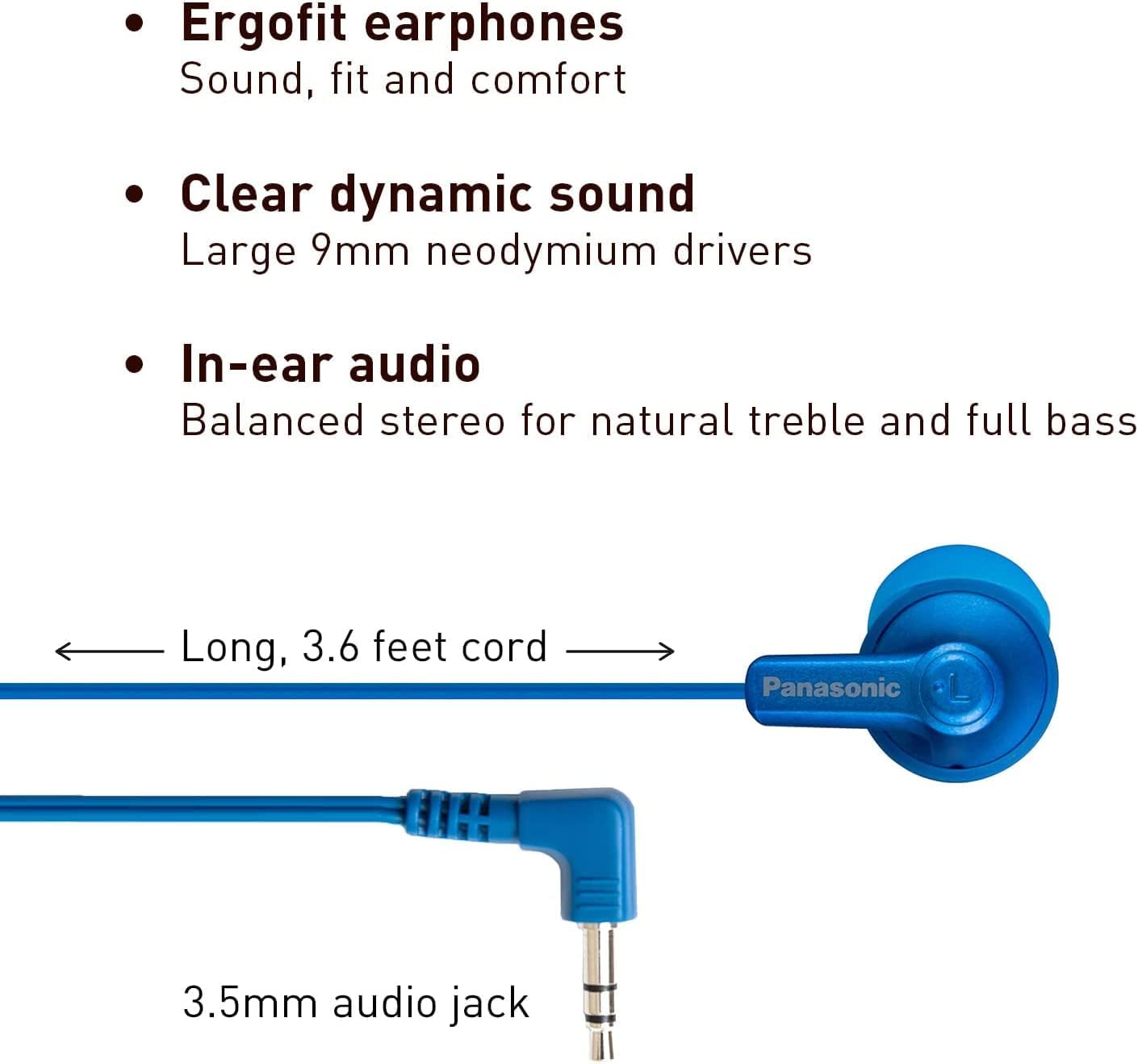 3.5mm RP-HJE120-AA Panasonic ErgoFit Wired Earbuds, Jack in-Ear Headphones with Dynamic Crystal-Clear Sound and Soft