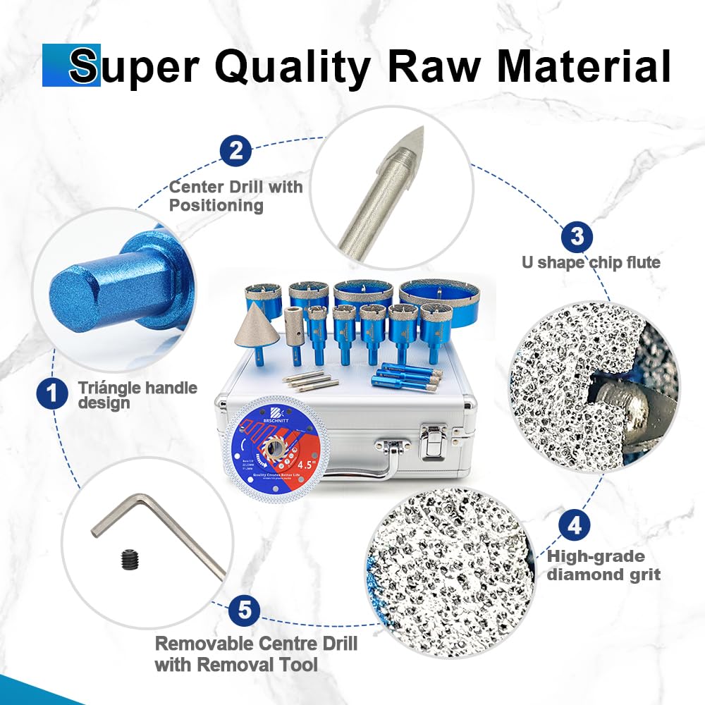 BRSCHNITT Diamond Tile Hole Saw Kit with Pilot Bit - (6-100mm) Dry Diamond Core Drill Bit Triangle Shank&Tile Blade for Porcelain Tile Ceramic Stone Granite Marble