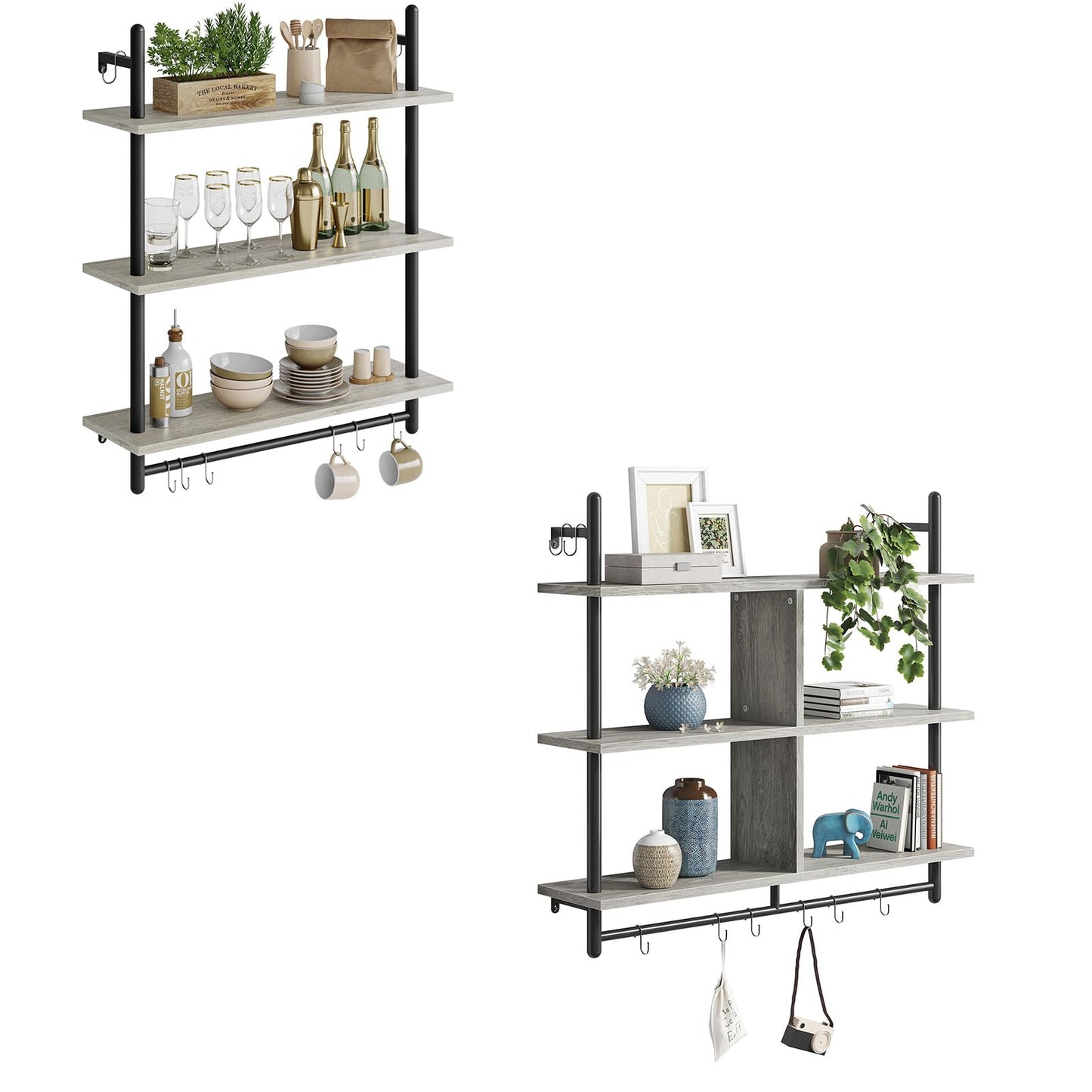Bestier Floating Pipe Shelving Kitchen Shelves Wall Mounted 3 Tier Ladder Coffee Bar Shelf 3 Tier Bundle, Retro Grey