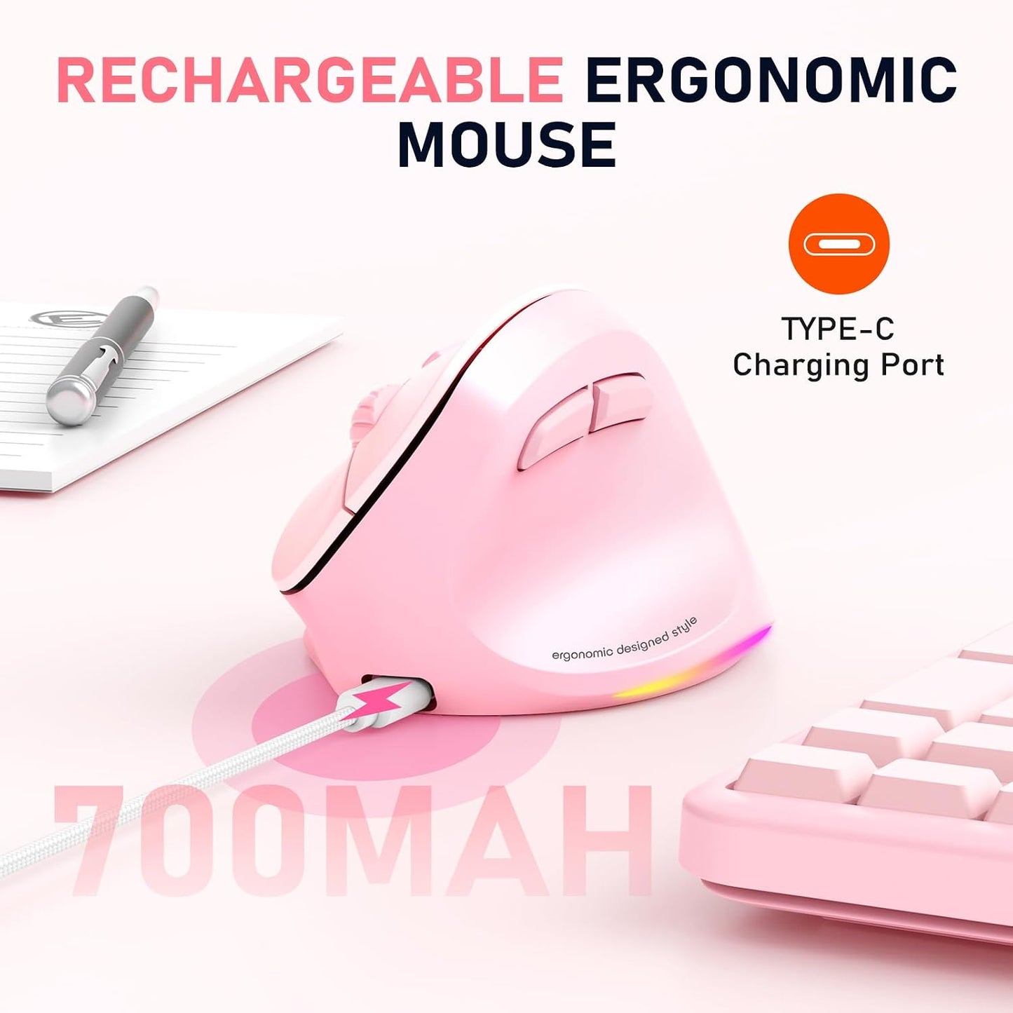 MEETION Bluetooth(5.2 3.0) 4 Ergonomic Mouse Wireless, Vertical Mouse RGB Backlit, Rechargeable Mice for + USB-A