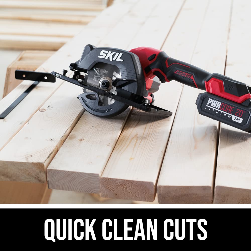 Skil PWRCORE 20 Brushless 20V 4-1/2 in. Compact Lightweight One-Hand Circular Saw Kit with Up to 6,000 RPM Includes 2.0Ah PWR CORE 20 Lithium Battery and Charger - CR5435B-10, Red