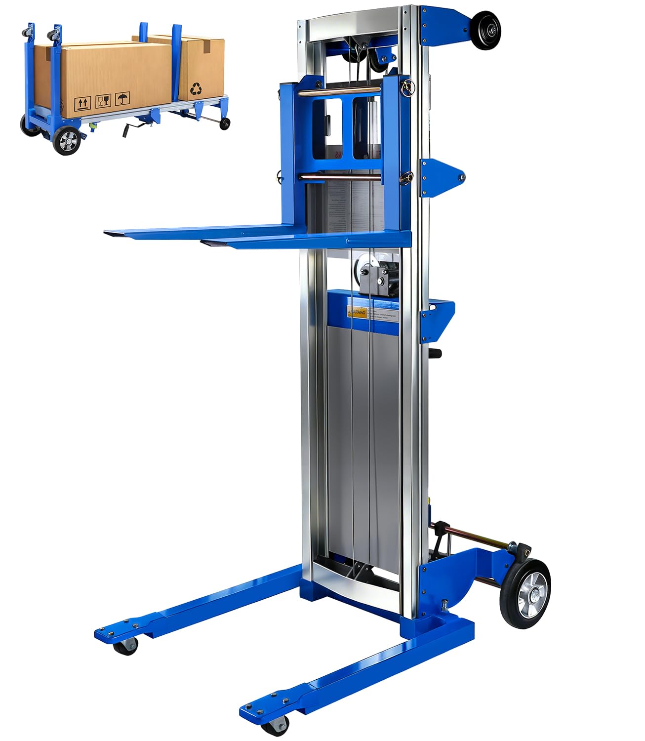Material Lift Winch Stacker, 123'' Manual Material Lifts, Heavy Duty Pallet Truck Dolly with Adjustable Fork,6 Wheels, Adjustable Straddle Hand Winch Lift Trucks for Warehouse, Factory, Load 410 Lbs