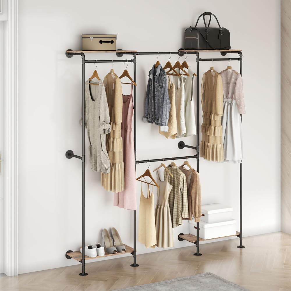 KaKaBB Industrial Pipe Clothing Rack, Wall Mounted Clothing Rack for Hanging Clothes, Adjustable L Shape Corner Clothes Rack with Shelves, Closet System for Walk in Closets(BLACK)