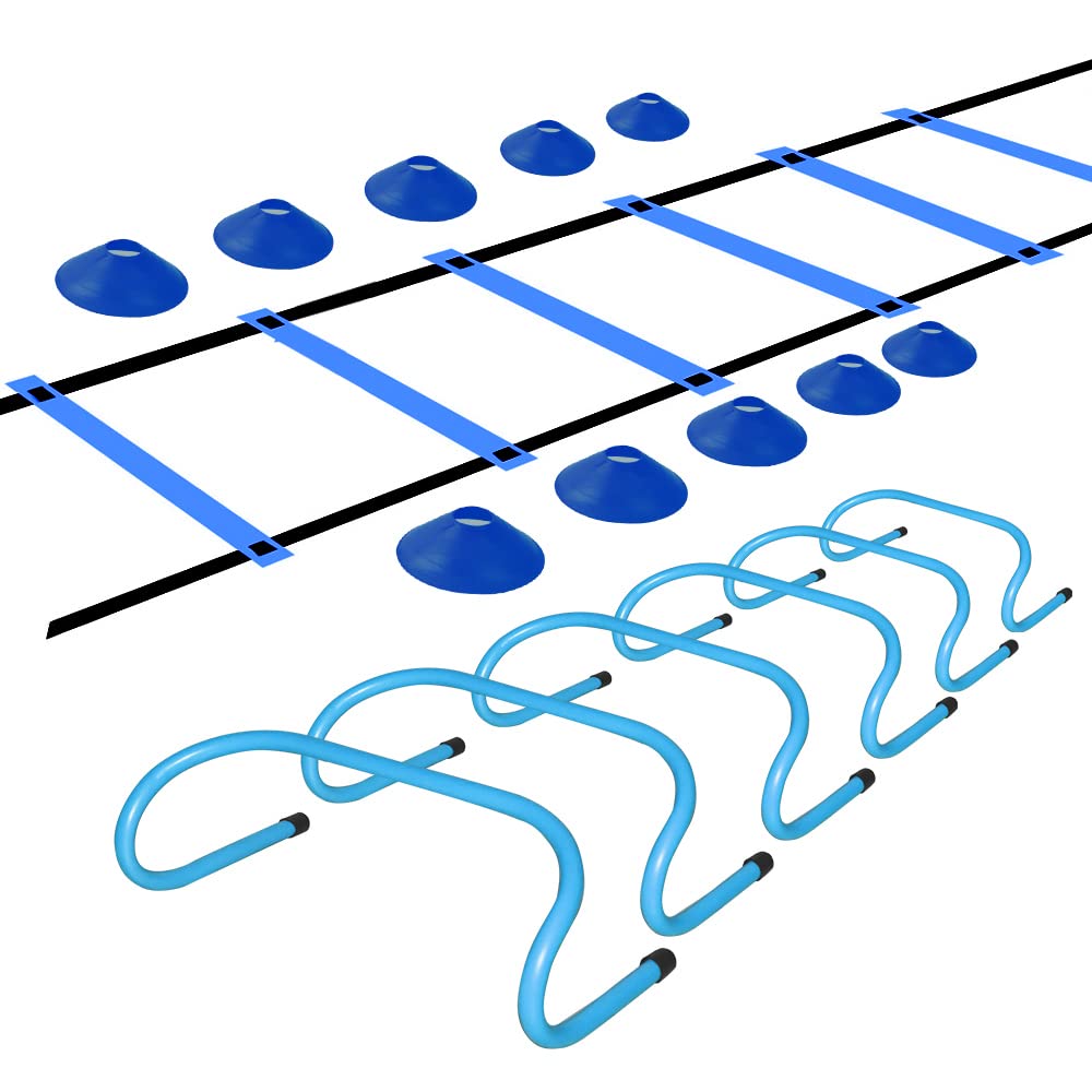 TNZMART Agility Ladder and Disc Cones Training Set Adjustable Rungs Training Ladder with 10 Plastic Sport Cones for Training (Blue, 6 Hurdles)