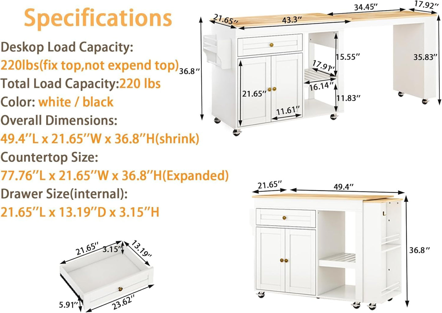 DalyLuxa 78"-49" Extendable Rolling Kitchen Island with Extended Dining Table, Mobile Kitchen Storage Islands with Storage Drawers, 2-Tier Storage Shelf, White