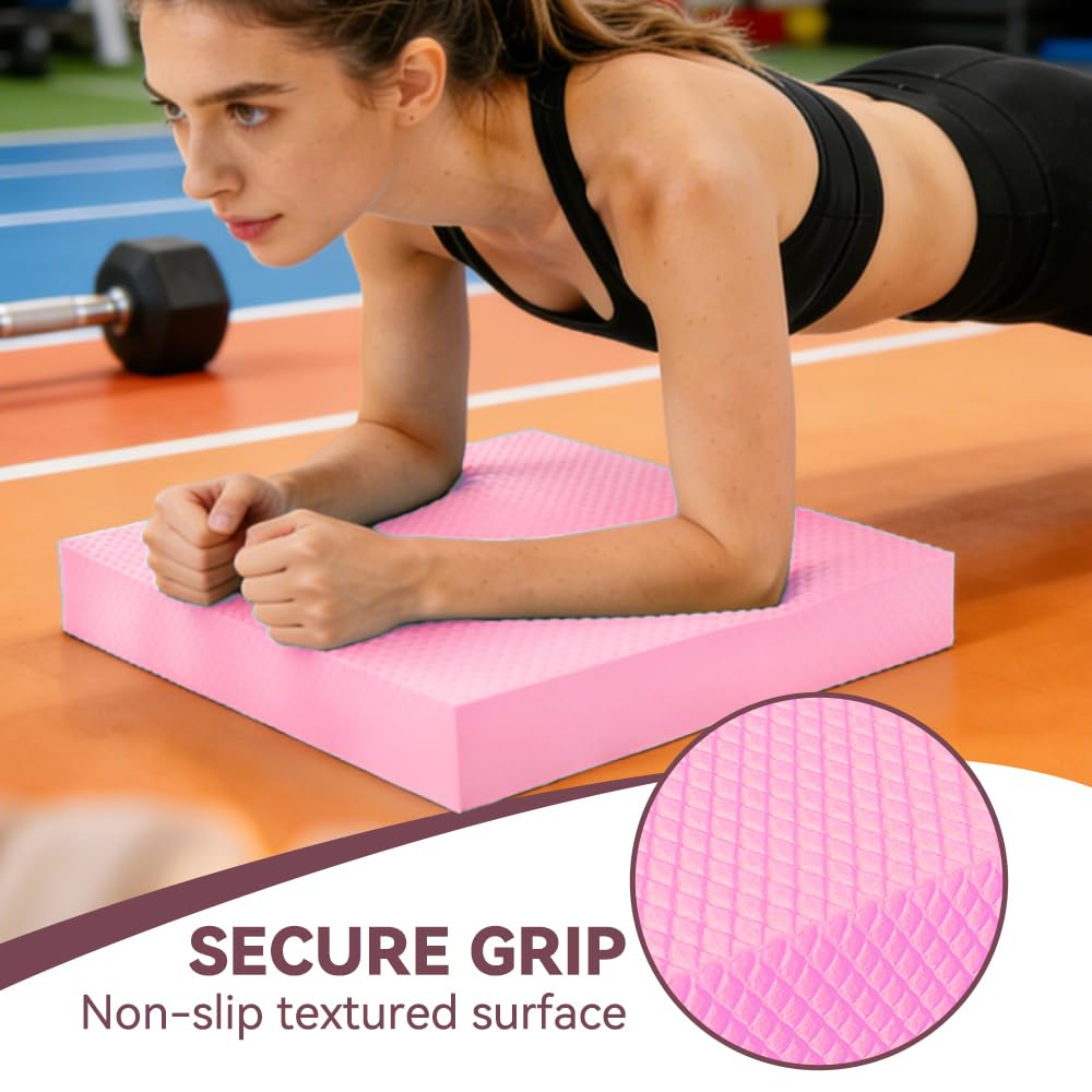 Pulgati Extra Large Yoga Exercise Balance Pad - Thick Non-Slip Stability Cushion for Pilates and Exercise - High Density Foam Trainer for Core Strength Home Gym - Bonus: 10-Position Resistance Band! (Pink, Extra Large)