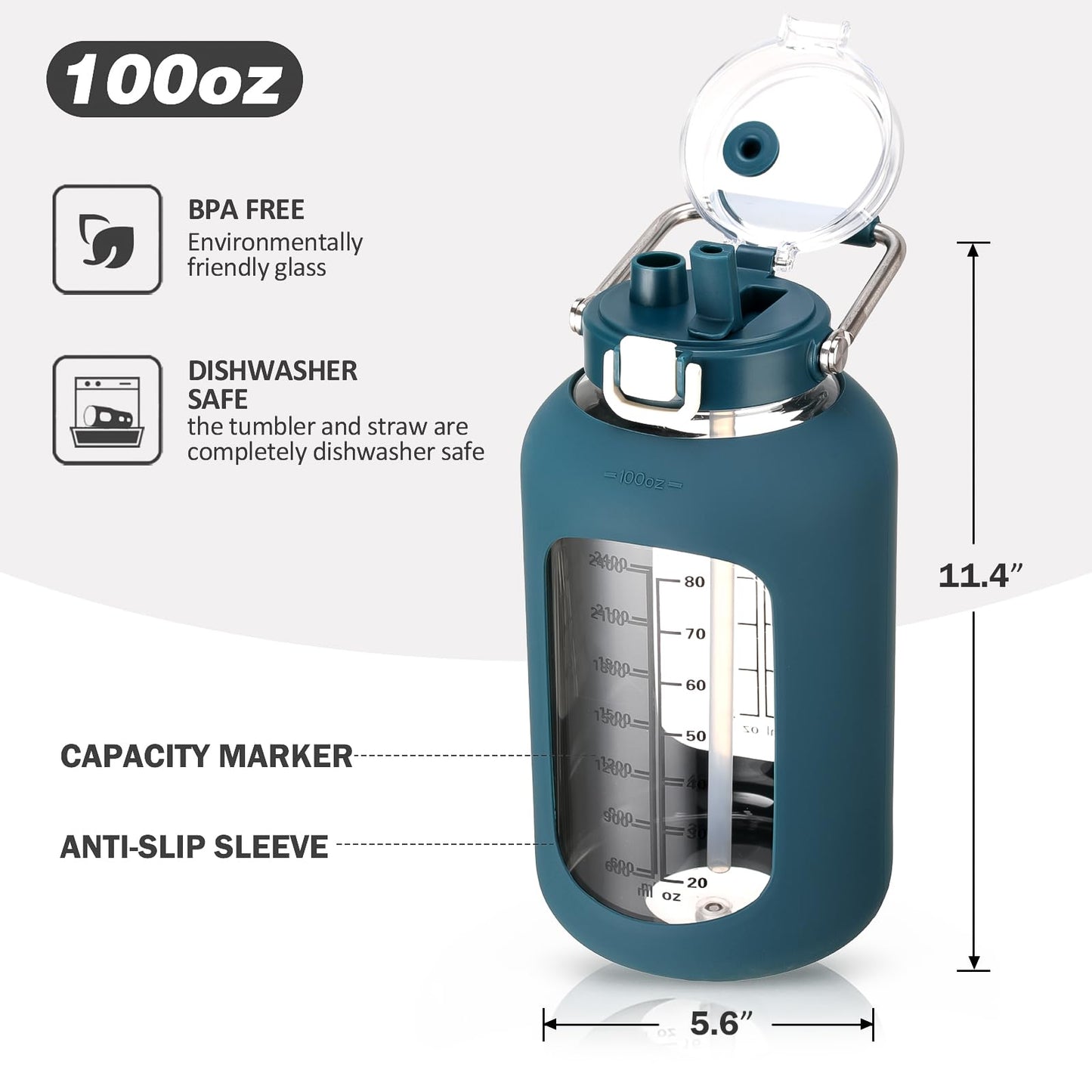 MUKOKO 100oz Glass Water Bottle with Time Marker and Silicone Sleeve 3L Large Water Jug with Stainless Steel Handle Gallon Drinking Bottle with 2-in-1 Lid Wide Mouth BPA Free, Dark Blue